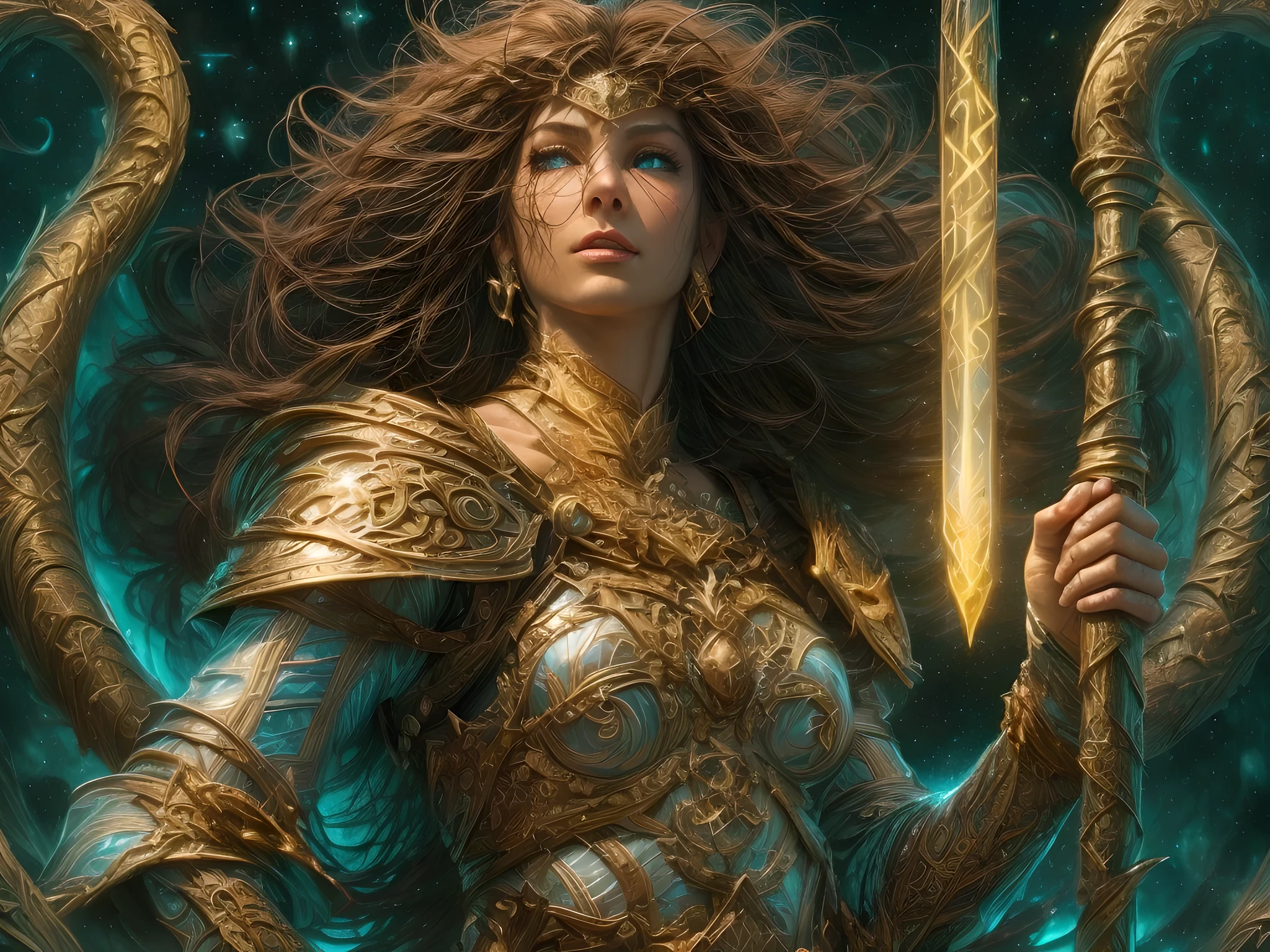 high details, best quality, 16k, [ultra detailed], masterpiece, best quality, (extremely detailed), dynamic angle, ultra wide shot, photorealistic, ((fantasy art)) ((larry elmore style)), dnd art, rpg art, realistic art, female human druid of the stars, guardian of nature, controlling magical energy made of stars, swirling blue stary magical light, divine symbols GlowingRunes_yellow (1.5 intricate details, Masterpiece, best quality), human female,  extremally beautiful, ultra feminine, dynamic hair, dynamic hair color, wearing leather armor CM-Beautiful_armor, holding a staff, moon light, stars, dynamic natural background,  RPG art, magical atmosphere magic-fantasy-forest, ultra best realistic, best details, best quality, 16k, [ultra detailed], masterpiece, best quality, (extremely detailed), ultra wide shot, photorealism, depth of field, hyper realistic painting, 3D rendering