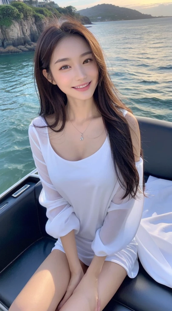 ((最高品質, 10, masterpiece: 1.3)), Focus: 1.2, perfect body beauty: 1.4, ass: 1.2, (Full pipe front facing)) ((delicate long hair)), (wet clothes: 1.1), (sunset reserve), (Sitting on the rocks)) (boat, The sea: 1.3), A good Bandow dress.: 1.1, Highly detailed face and skin texture, Fine Eyes, 二重まぶた, Whitening Skin, smile, Put on a necklace.,