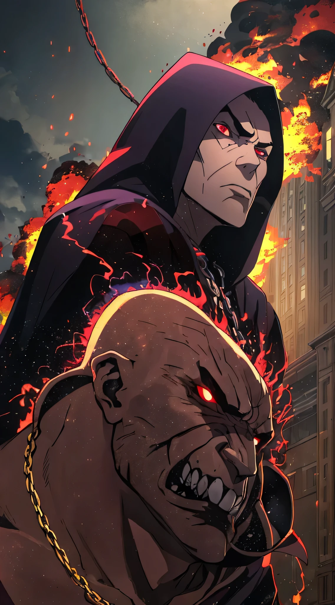 top-quality、Top image quality、masterpiece、Diabolical((Diabolicalの斧を持つ、Black cloak、well-muscled、best macho、full body chain、Angry eyes、Red blood、fighting poses、lava body)),hiquality、Beautiful Art、Background with((A crumbling city、the City of Fire)),masutepiece、Elaborate design、visualart、Perfect Art、Horror movie style、