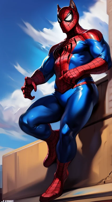 solo, german shepherd, overweight, wearing red and blue spiderman, spiderman spandex costume, classic spiderman suit print, unmasked, no masked, full body view, frontal shot, at top of building rooftop, by darkgem by chunie by juiceps by TowelTheBeard