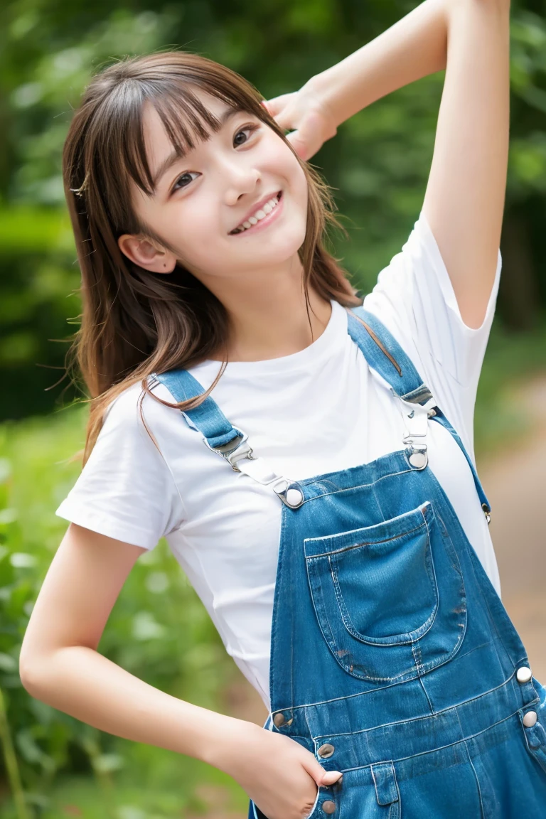 (Beautiful girl wearing overalls、15yo student、Spinning、A delightful、)(tshirts、Beautiful girl wearing cargo pants、14years、Spinning、A delightful)、