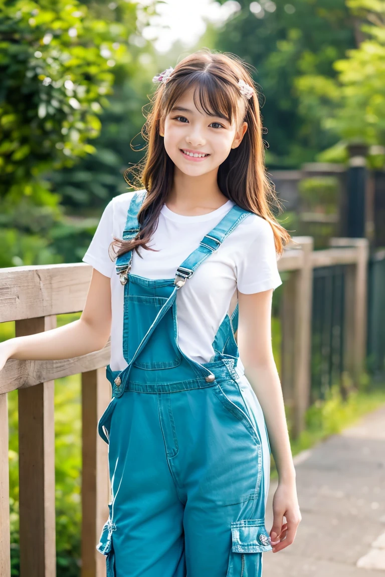 (Beautiful girl wearing overalls、15yo student、Spinning、A delightful、)(tshirts、Beautiful girl wearing cargo pants、14years、Spinning、A delightful)、