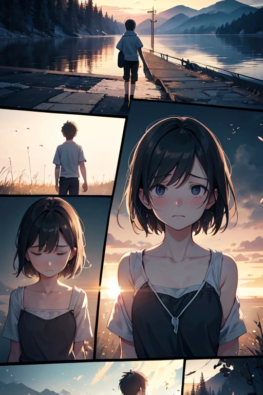 "Generate an image depicting a poignant moment where a young boy experiences a heartbreak, concealing his pain from others. Capture the emotions of sorrow and solitude as he navigates the inner turmoil without expressing it outwardly. Concurrently, illustrate a scene with a girl, having just experienced love, but struggling with trust issues. Portray her walking away to her home, creating a sense of emotional distance. Convey the complex emotions of heartbreak, silent suffering, and the tentative nature of trust in love within this visual narrative."