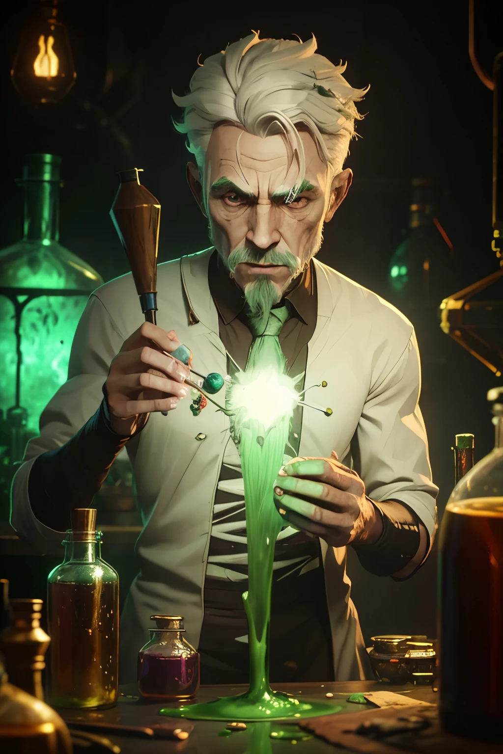 Man creating a green-colored potion in a dim laboratory with finished details, imagem detalhada e em 4k, messy and crazy white hair