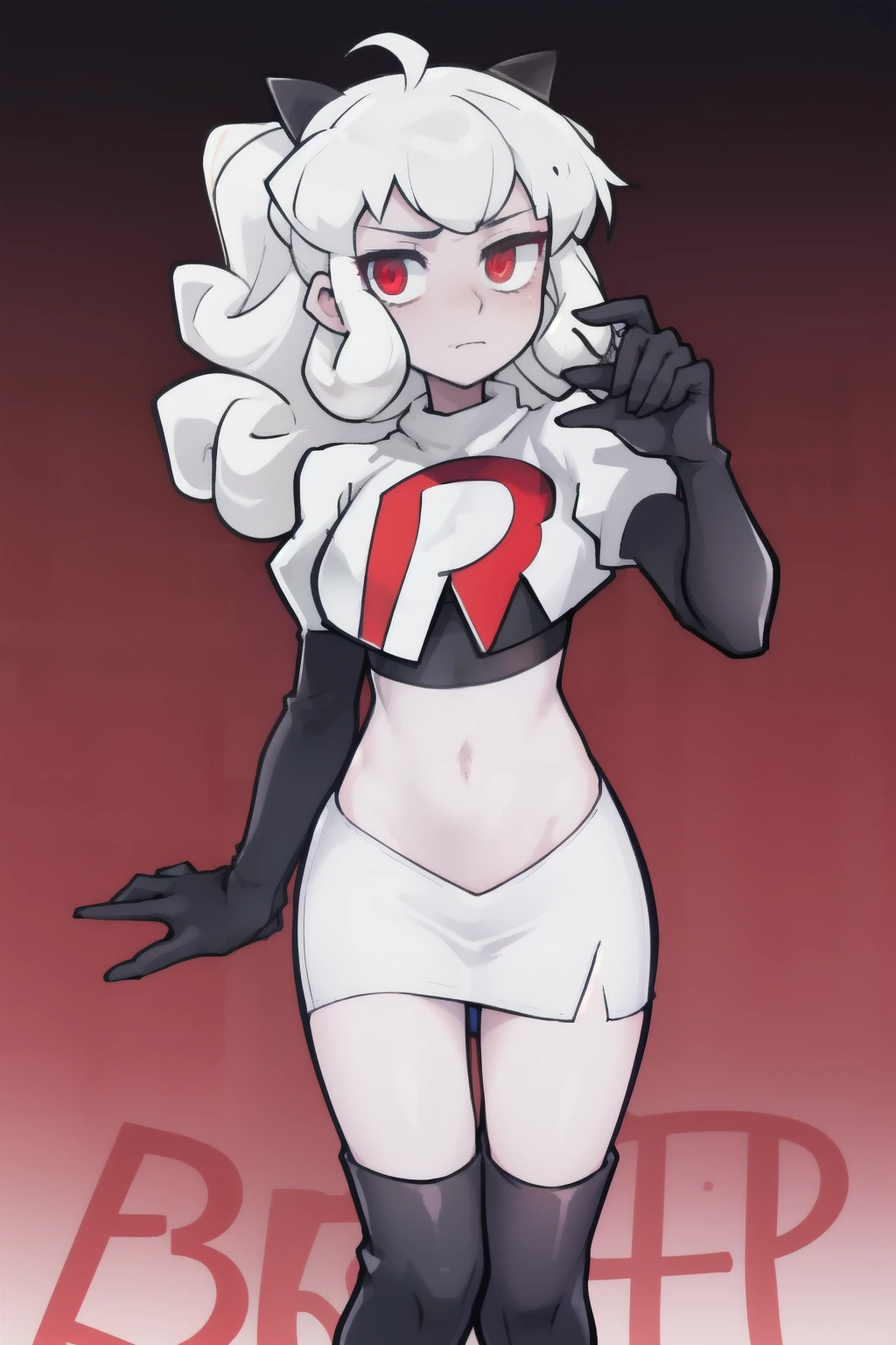 masterpiece, best quality, red eyes, white curly kair, ahoge,team rocket,team rocket uniform,white skirt,red letter R,crop top,black thigh-highs,black elbow gloves, comic strip