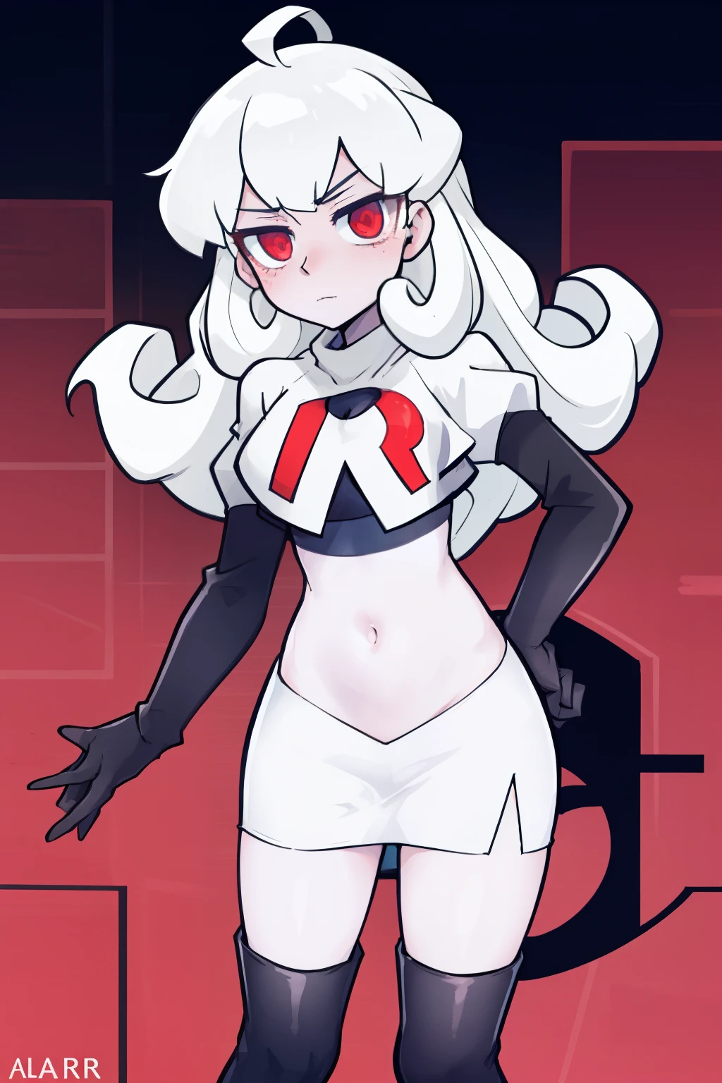 masterpiece, best quality, red eyes, white curly kair, ahoge,team rocket,team rocket uniform,white skirt,red letter R,crop top,black thigh-highs,black elbow gloves, comic strip