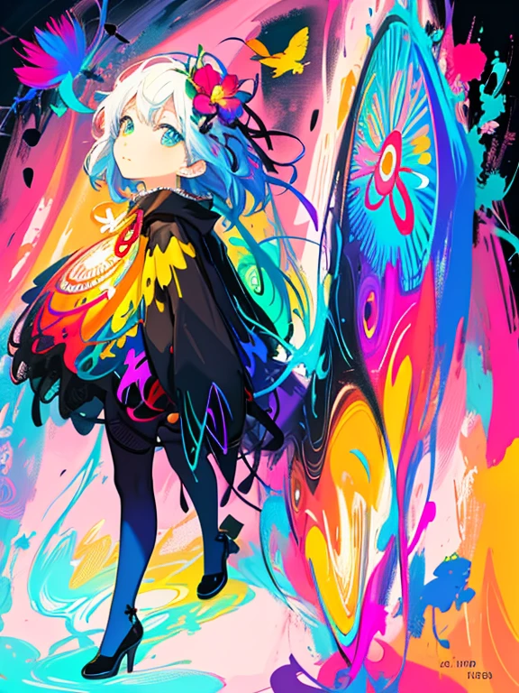 ((masterpiece, best)), 1girl, (mature woman: 1.4), 130mm f1.4 lens, 1girl, solo, pointed ears, heart-shaped pupils, micro skirt, looking down, demon girl, flat chest, demon wings, saturated, colorful , colorful hair, silver hair, blue hair, colorful eyes