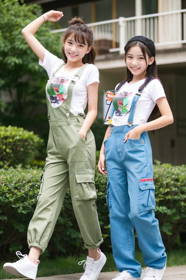 Two beautiful girls、(Beautiful girl wearing overalls、15yo student、Spinning、A delightful、)(tshirts、Beautiful girl wearing cargo pants、14years、Spinning、A delightful)、