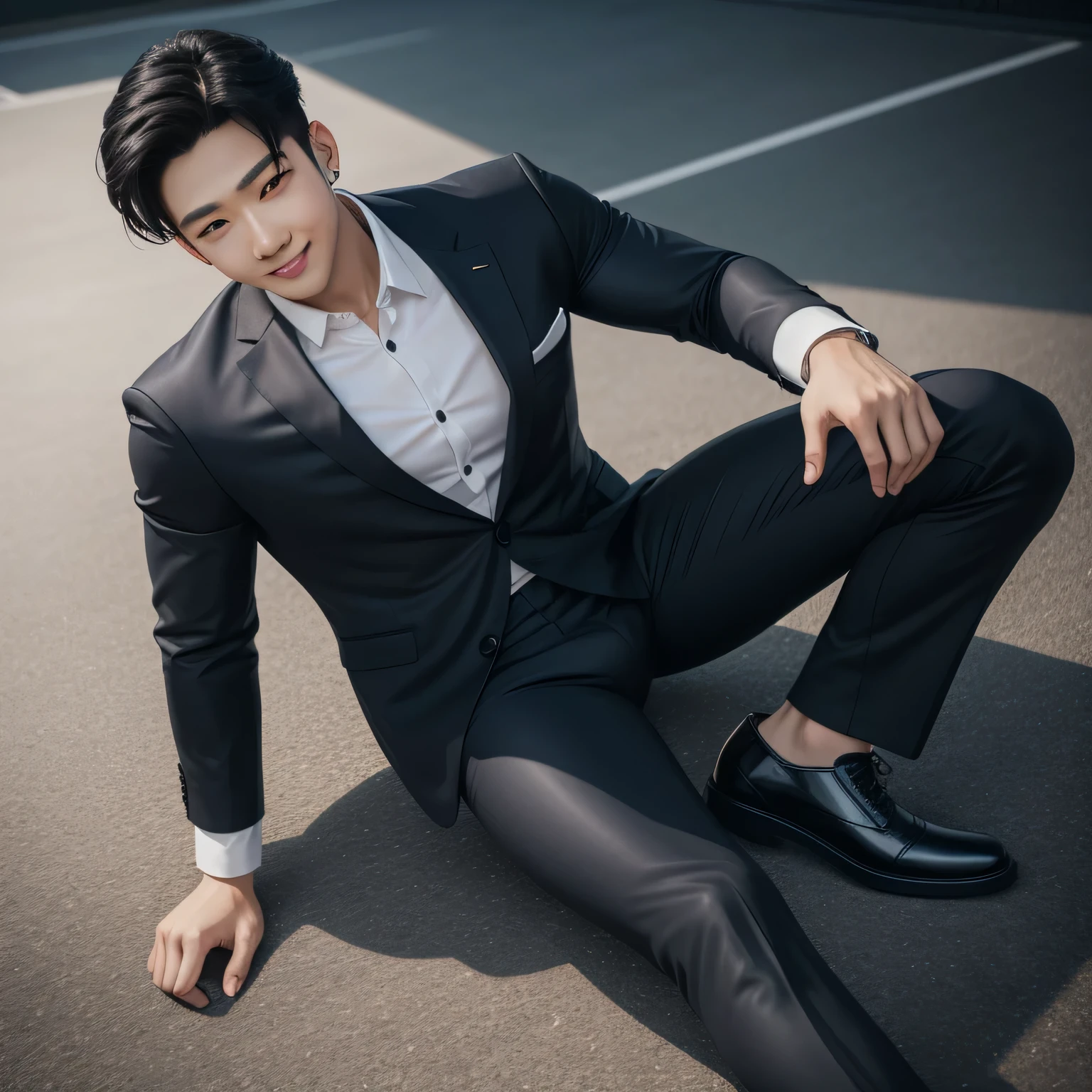 male Kpop idol, korean male, soft face, flirtatious smile,business man,muscle,gay,handsome,big muscles,formal leather suit,wearing black underwear, big bulge,shinny formal shoelaces shoes, big Foot, long sheer socks,on concrete basketball court,top view,showing muscles,high quality,4k,detailed,