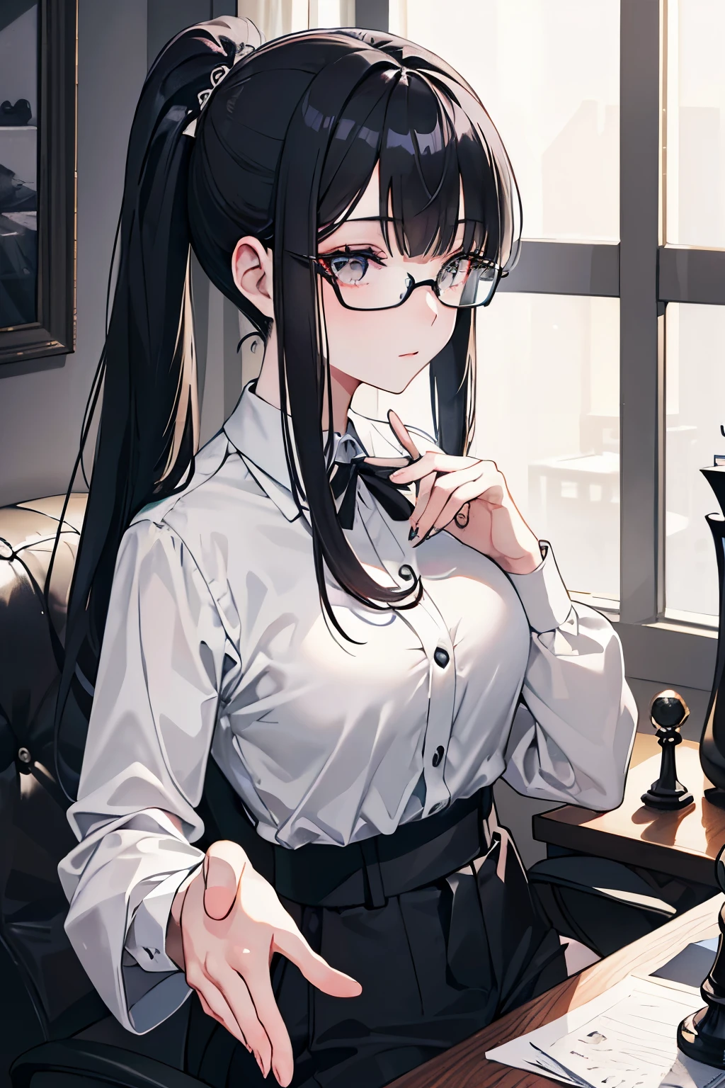 A dark-haired　Gray eyes　pant suit　eye glass　Chess　Chess盤　Aligned bangs　Patsun bangs　poneyTail　​masterpiece　Top image quality　denoise　Clear 　cinematic shadow　Increased attractiveness of the eyes　Clear the shine of the eyes　Draw eyelashes neatly　Perfect Eye　A detailed eye　Sharpen image quality　Sharpen eye writing　Clear eye shape