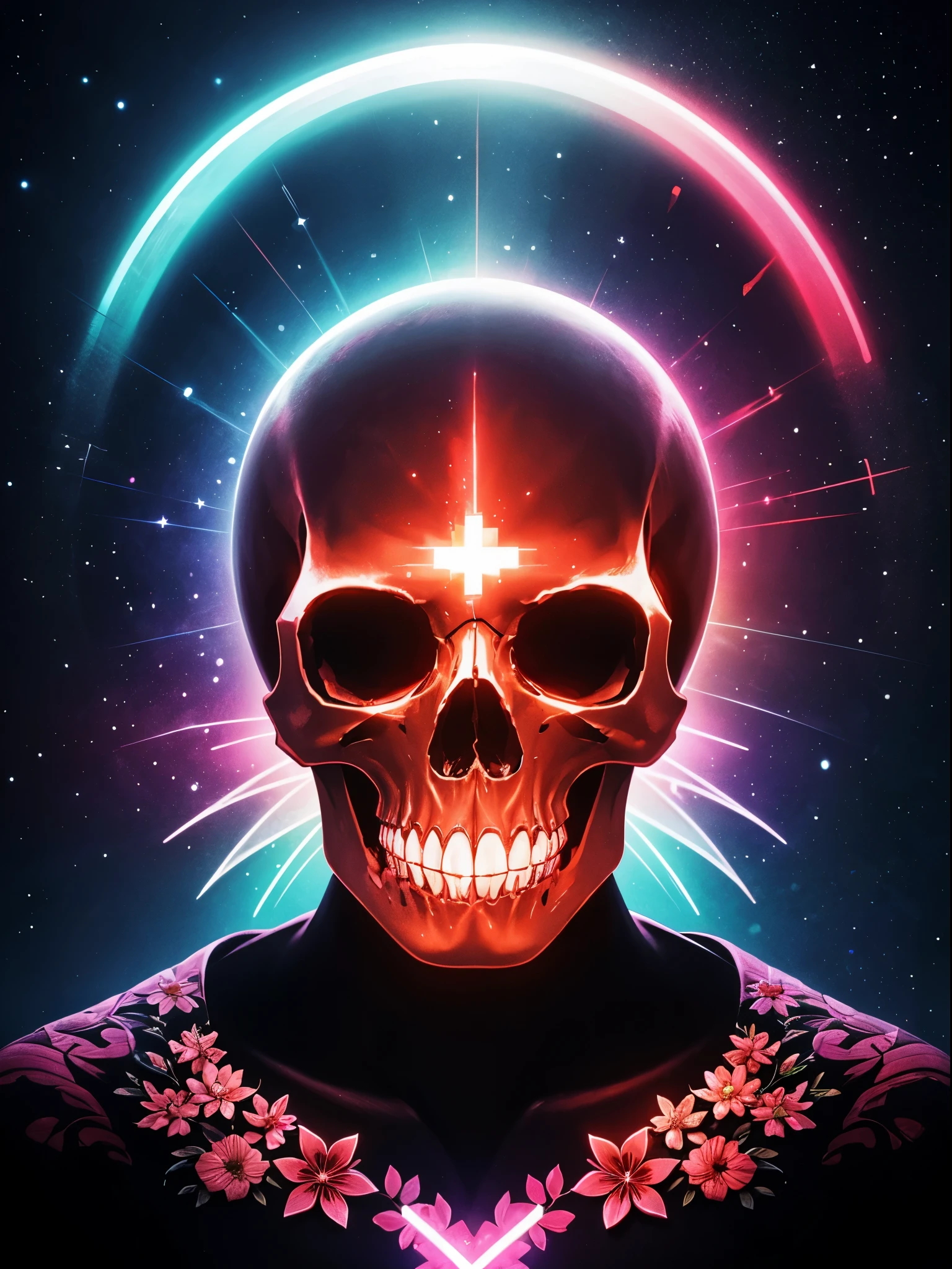 pixelated style,(glowing red,cross-shaped glow,blooming flowers)),interstellar misty background,polished,silver skull,light composition,rainbow,rainbow around the skull,vibrant,various structural power effect illustrations,glorious circular composition,alone