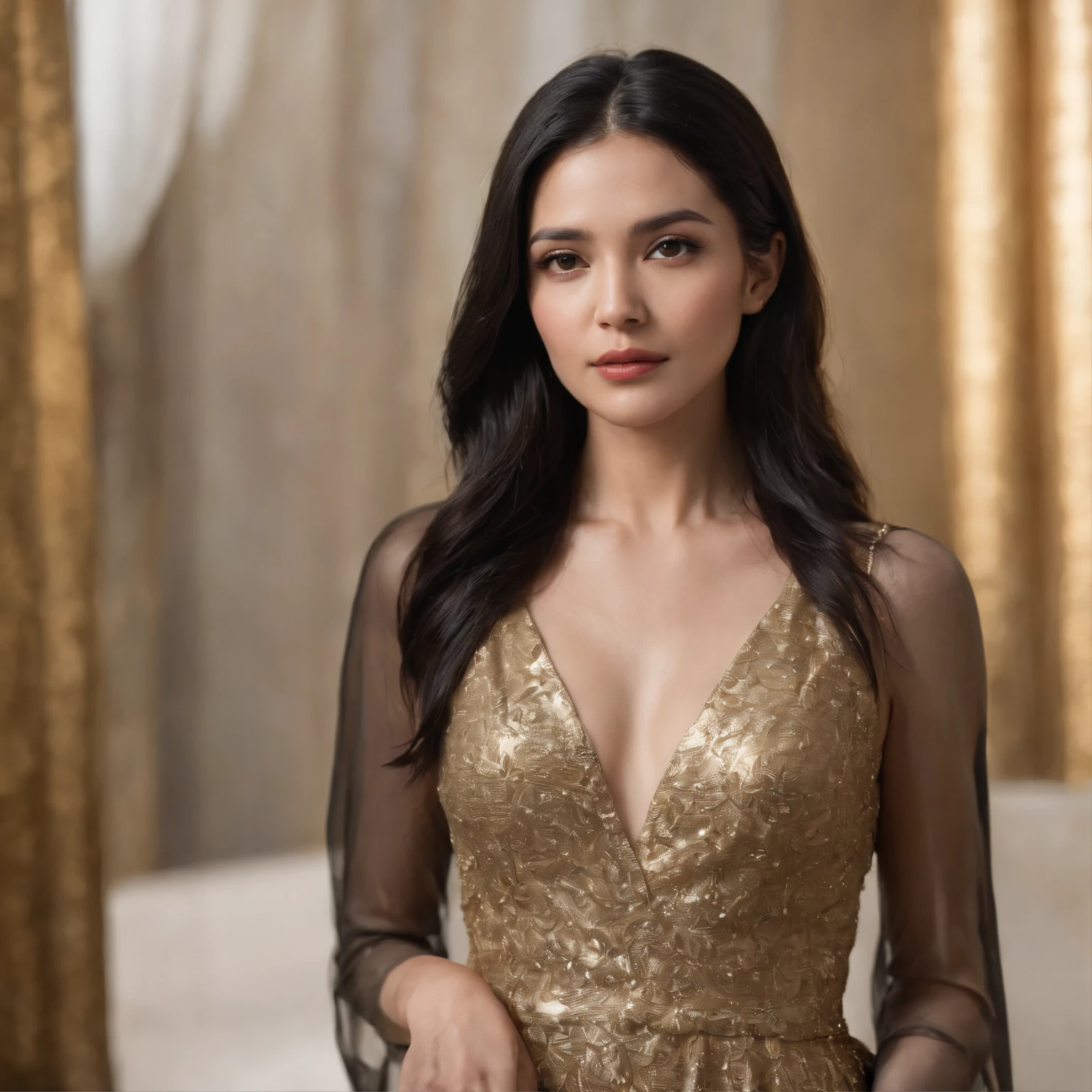 Woman, shoulder-length straight black hair, gold dress,
