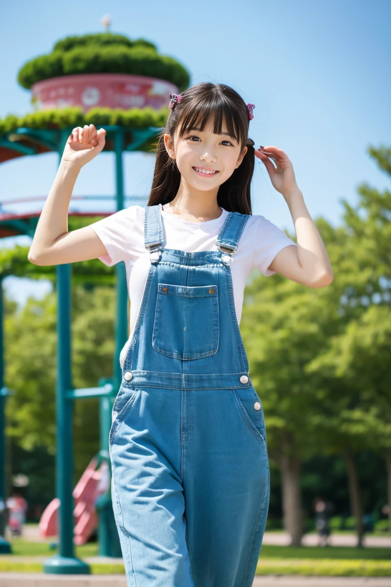 Beautiful girl wearing overalls、years、Spinning、a park、