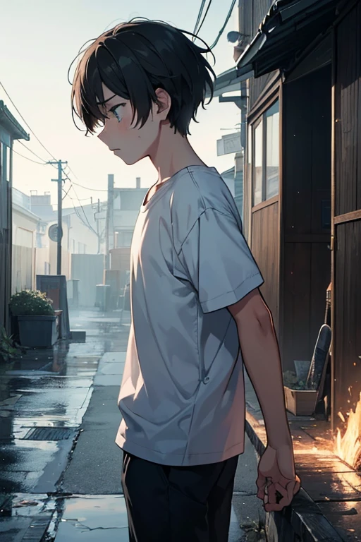 "Generate an image depicting a poignant moment where a young boy experiences a heartbreak, concealing his pain from others. Capture the emotions of sorrow and solitude as he navigates the inner turmoil without expressing it outwardly. Concurrently, illustrate a scene with a girl, having just experienced love, but struggling with trust issues. Portray her walking away to her home, creating a sense of emotional distance. Convey the complex emotions of heartbreak, silent suffering, and the tentative nature of trust in love within this visual narrative."