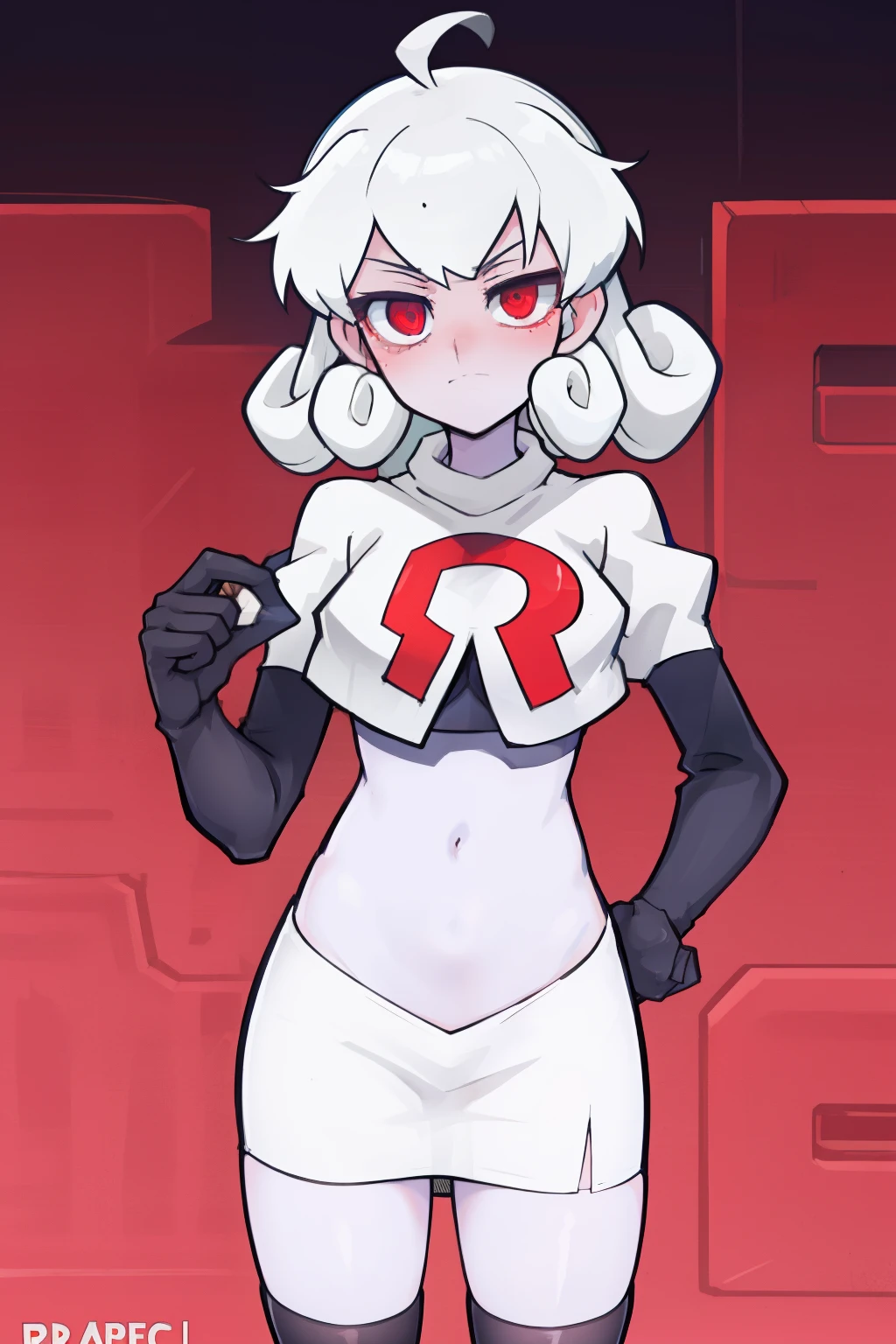 masterpiece, best quality, red eyes, white curly kair, ahoge,team rocket,team rocket uniform,white skirt,red letter R,crop top,black thigh-highs,black elbow gloves, comic strip