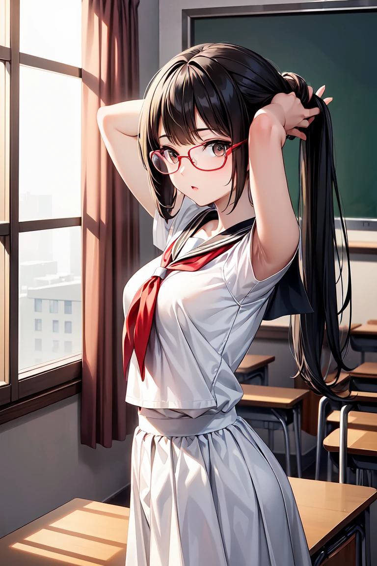 a young cute girl, serafuku, glasses, black hair, bundling my own hair, a hair elastic in her mouth, from side, classroom, Arms up, BREAK, (anime), (Masterpiece, Best Quality: 1.2), (Ultra High Resolution: 1.2), (RAW Photo: 1.2), (Ultra Detailed CG Unified 8k Wallpaper: 1.2), (Beautiful Skin: 1.2), (pale Skin: 1.3), (Beautiful pretty face: 1.3), (Ultra Realistic Photo), (Hyper Sharp Image), (Hyper Detail Image), (Hyper Sharp Focus: 1.5), (Ultra Sharp Focus: 1.5), reflection, refraction:1.4