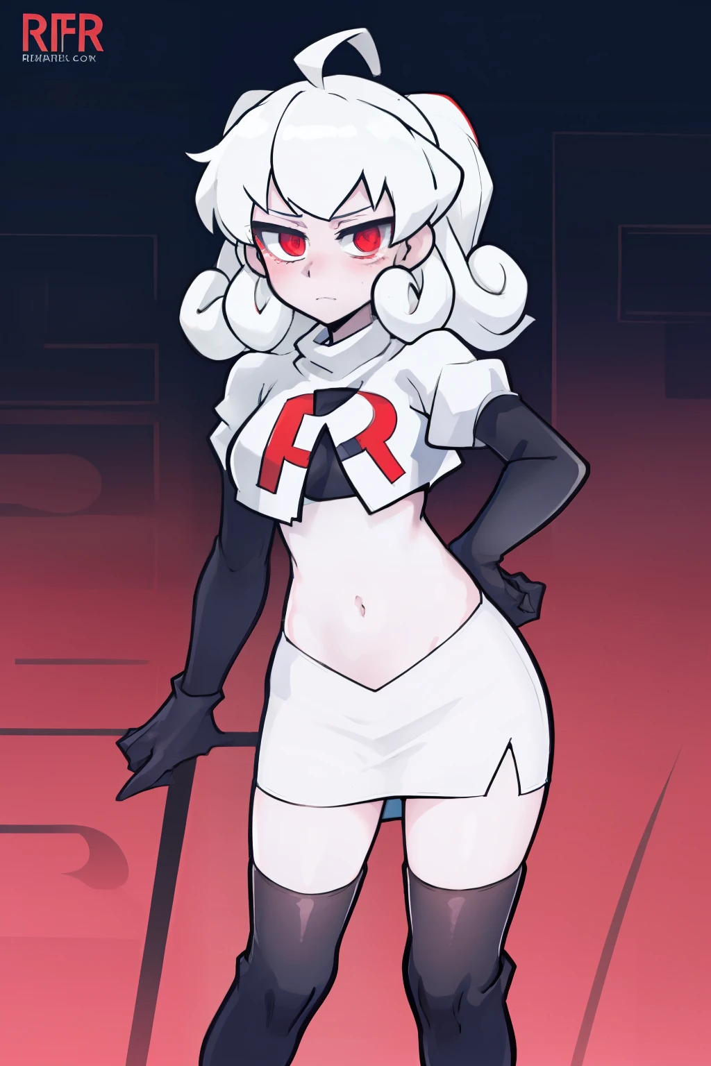 masterpiece, best quality, red eyes, white curly kair, ahoge,team rocket,team rocket uniform,white skirt,red letter R,crop top,black thigh-highs,black elbow gloves, comic strip