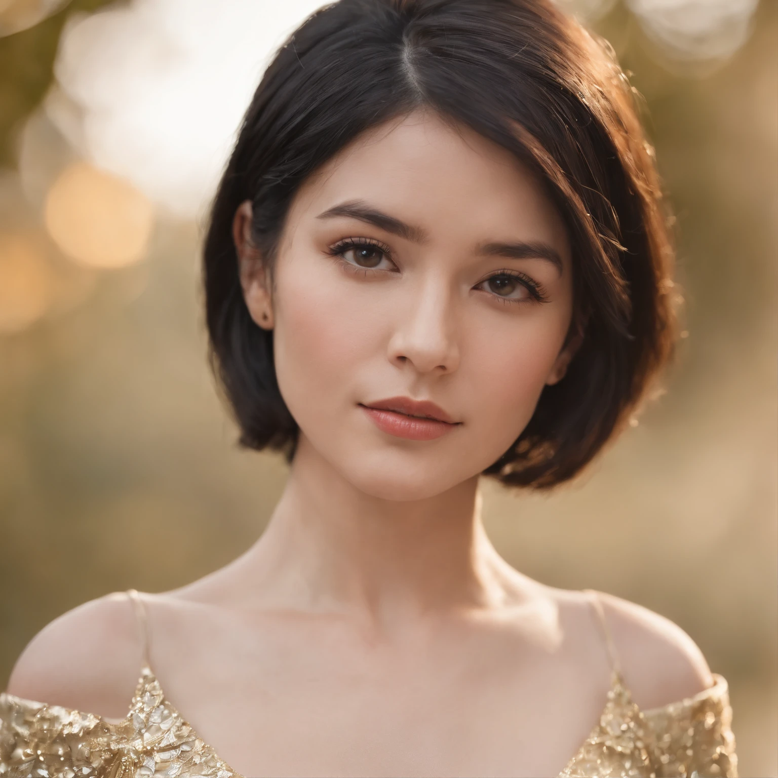 Woman, short straight black hair, shoulder length, gold dress,