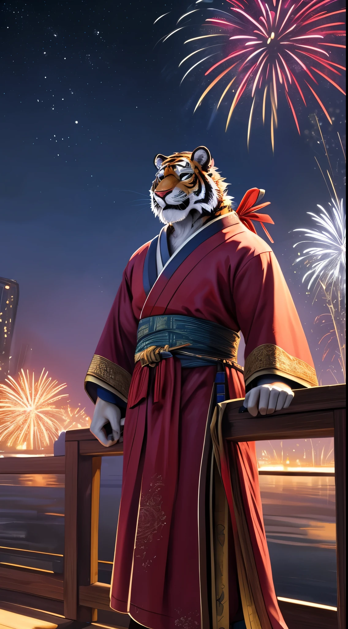 (best quality:1.2), (masterpiece:1.1), (ultra-detailed:1.2),(perfect anatomy), correct hands,trending in artstation,from above,dynamic light,(stand on riverbank):1.5,standing by railing, farsee, watch the firework,ultra detailed face,kemono,1male,anthro (tiger), (tiger face),solo, middle-aged, white fur, tiger, muscular,big biceps, white (beard), exciting,smile, (fangs out):1.rint kimono), ((wonderful fireworks)),night sky, ancient japan, no modern buildings, beautifil and aesthetic, matsuri atmosphere,dreamy, detailed mountain background, mountain, night sky, happy, stars, moon, soft shadow, warm illumination, bloom, contrast,light against dark reflection,obi, cinematic, dramatic light,wide dynamic range,8k, hdr, low light:1.2, by Pino Daeni, (by ruaidri), by virtyalfobo