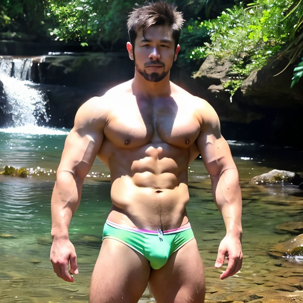 male people,bodybuilder,short detailed hair, Wear bright gold lace panties,Stand under the waterfall,There is a rainbow, Perfect figure with a short beard with a tattoo, very massive and strong body, bulging muscles, well-muscled, very large pectoral muscles,Very sexy abs,足はwell-muscledです,Exposed body,Tall and strong,bulging area of the huge genitals,,lightens oily skin,well-muscledの。