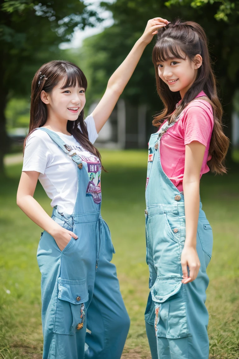 Two beautiful girls、(Beautiful girl wearing overalls、15yo student、Spinning、A delightful、)(tshirts、Beautiful girl wearing cargo pants、14years、Spinning、A delightful)、