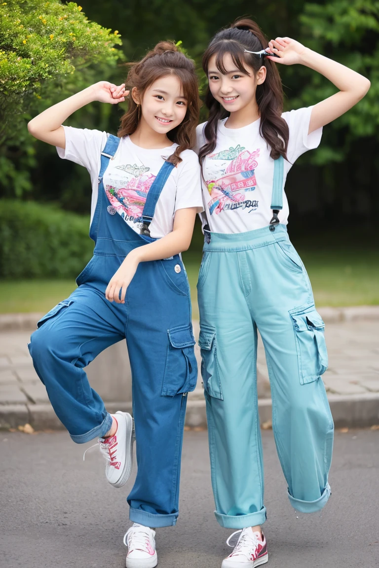 Two beautiful girls、(Beautiful girl wearing overalls、15yo student、Spinning、A delightful、)(tshirts、Beautiful girl wearing cargo pants、14years、Spinning、A delightful)、
