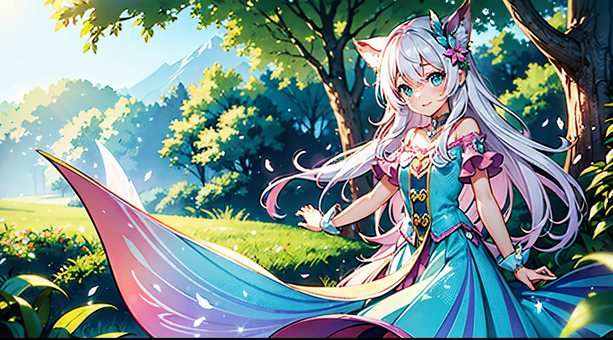 High quality, Kawaii, vibrant and expressive eyes, flawless and , soft pastel color palette, intricate detailing in the hair, adorable heart-shaped accessories, delicate and dainty features, innocent and playful expression, elegant and graceful pose, intricate and stylish outfit, impeccable line work, high level of shading and highlights Magical forest filled with lush greenery, sun rays filtering through the leaves, vibrant flowers blooming in the background, whimsical creatures like fairies and butterflies, sparkling dust creating an enchanting atmosphere, a sense of mystery and wonder, a world where dreams come to life A mix of emotions - joy, curiosity, and a hint of mischief, a feeling of warmth and tenderness, a touch of nostalgia and whimsy, a sense of innocence and purity, radiating happiness and positivity, capturing the essence of childhood and imagination.