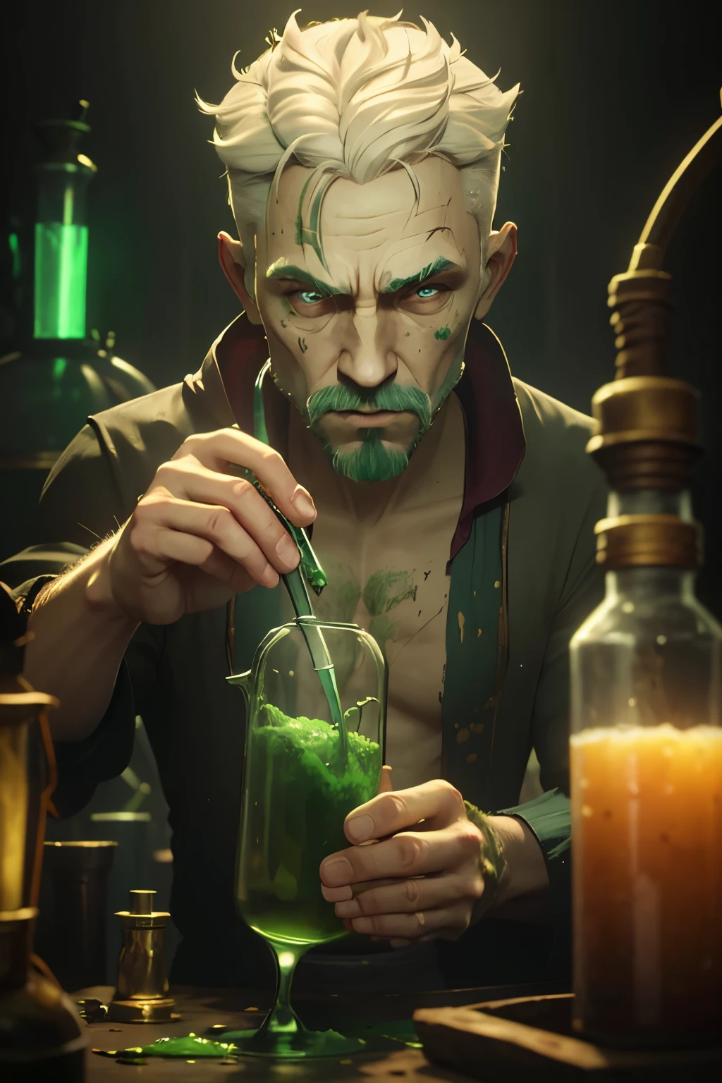 Man creating a green-colored potion in a dim laboratory with finished details, imagem detalhada e em 4k, messy and crazy white hair