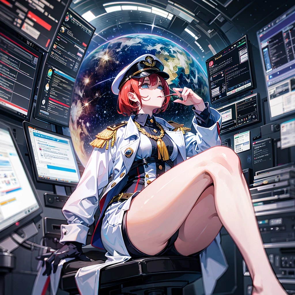 （（（​masterpiece、Top image quality、top-quality、highly detailed unity 8ｋwall-paper）））、（Illustration of one woman）、30-years old、（Viceroy）、（（Red-haired shorthair））、（Thin hair hanging down both sides of the face）、Blue eyes、（（Tall））、（（Muscle Woman、stocky build、muscular legs、broad shoulders、solid chest））、（（Military uniforms））、（（Military Cap））、（（Military coat））、（white  clothes）、（White pants）、（White cap）、trench coat、、（（（manspreading、Sitting in the captain's seat）））、（（（Inside a futuristic spaceship、Surrounded by instruments and monitors、The Universe on the Monitor、Earth seen from space）））
