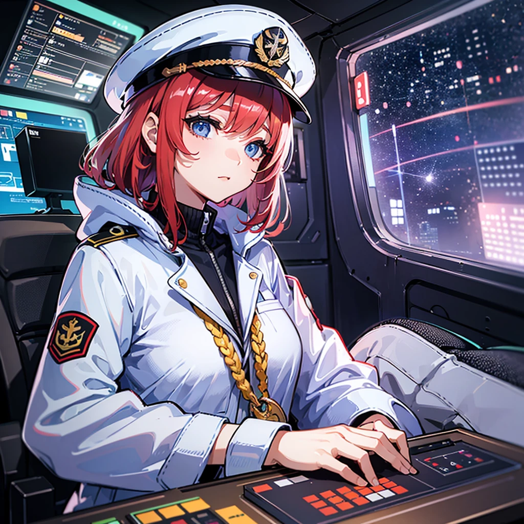 (((masterpiece、Top image quality、top-quality、highly detailed unity 8kwall-paper)))、(Illustration of one woman)、30-years old、(Viceroy)、((Red-haired shorthair))、(Thin hair hanging down both sides of the face)、Blue eyes、((Tall))、((Muscle Woman、stocky build、muscular legs、broad shoulders、solid chest))、((Military uniforms))、((Military Cap))、((Military coat))、(white clothes)、(White pants)、(White cap)、trench coat、、(((manspreading、Sitting in the captain's seat)))、(((Inside a futuristic spaceship、Surrounded by instruments and monitors、The Universe on the Monitor、Earth seen from space)))