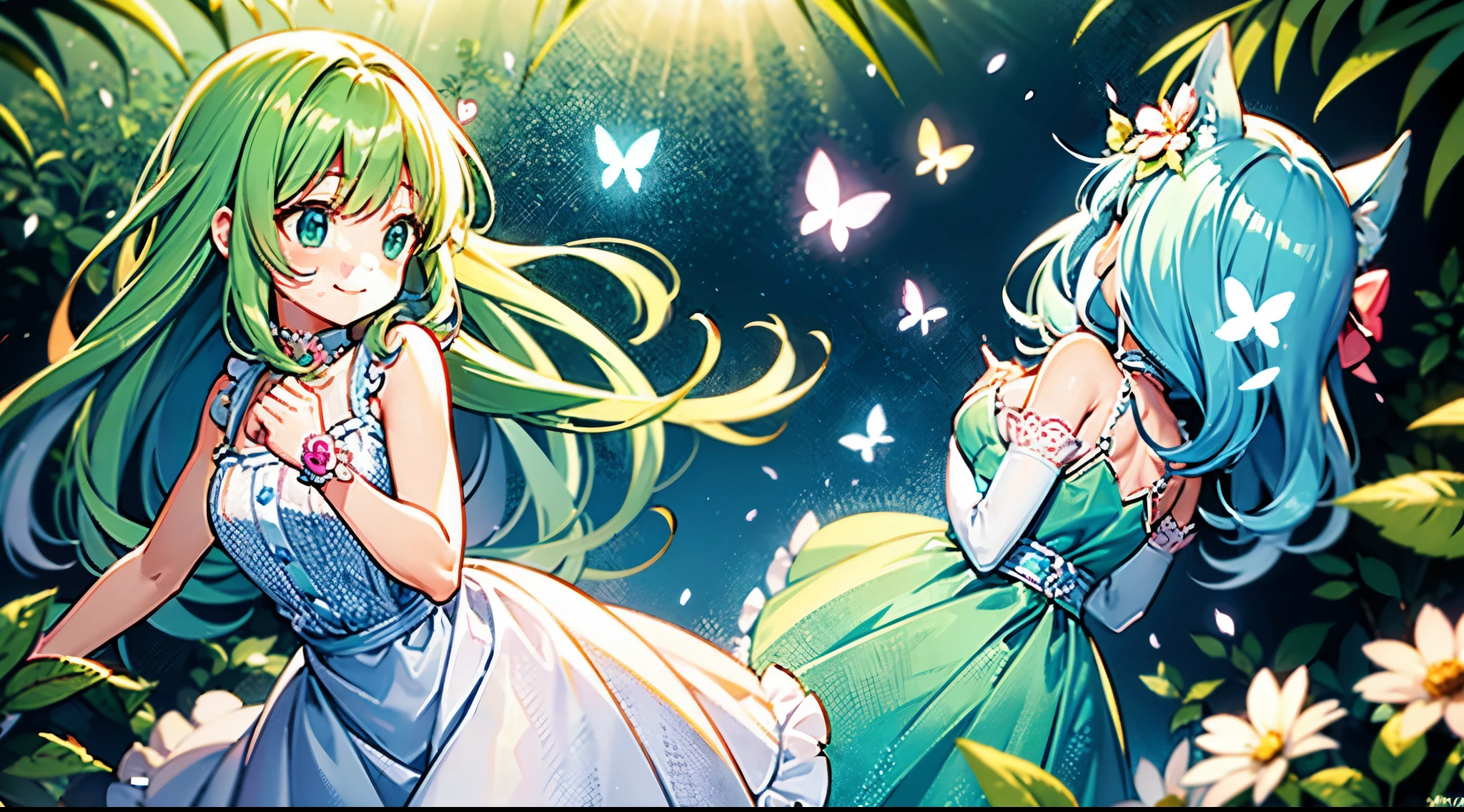 High quality, Kawaii, vibrant and expressive eyes, flawless and , soft pastel color palette, intricate detailing in the hair, adorable heart-shaped accessories, delicate and dainty features, innocent and playful expression, elegant and graceful pose, intricate and stylish outfit, impeccable line work, high level of shading and highlights Magical forest filled with lush greenery, sun rays filtering through the leaves, vibrant flowers blooming in the background, whimsical creatures like fairies and butterflies, sparkling dust creating an enchanting atmosphere, a sense of mystery and wonder, a world where dreams come to life A mix of emotions - joy, curiosity, and a hint of mischief, a feeling of warmth and tenderness, a touch of nostalgia and whimsy, a sense of innocence and purity, radiating happiness and positivity, capturing the essence of childhood and imagination.