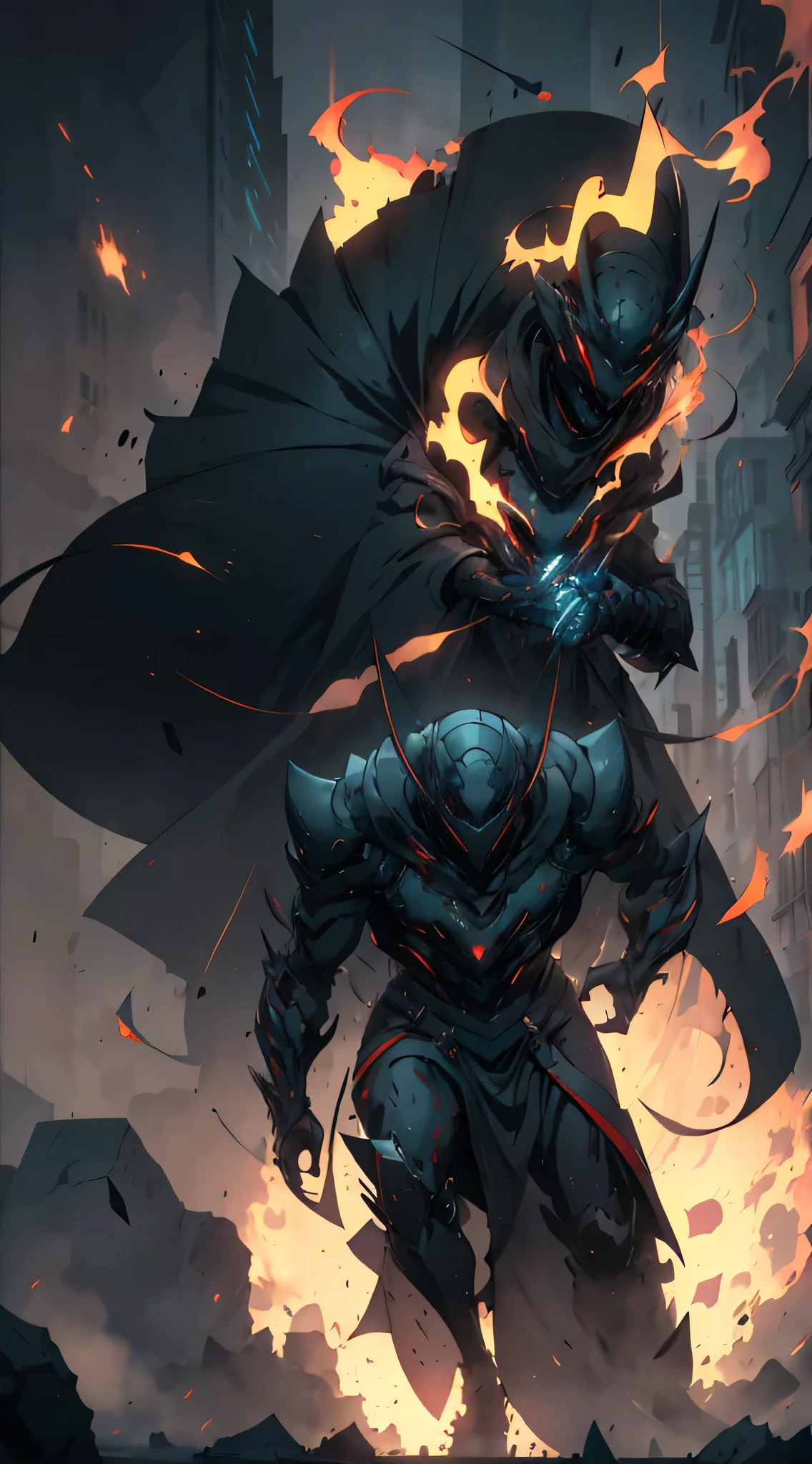 Original Kaiju armor form of a human, sharp, obsidian-like plates that overlap like armor, Elongated and somewhat reptilian head, with a pronounced crest of jagged obsidian spikes running from the forehead to the back of the neck. Four glowing, amber eyes are set deep in the skulls, arms with massive claws and blades, feet have three large, taloned toes, A long, whip-like tail ending in a mace-like cluster of obsidian spike, orange lines and aura in between armor. HD