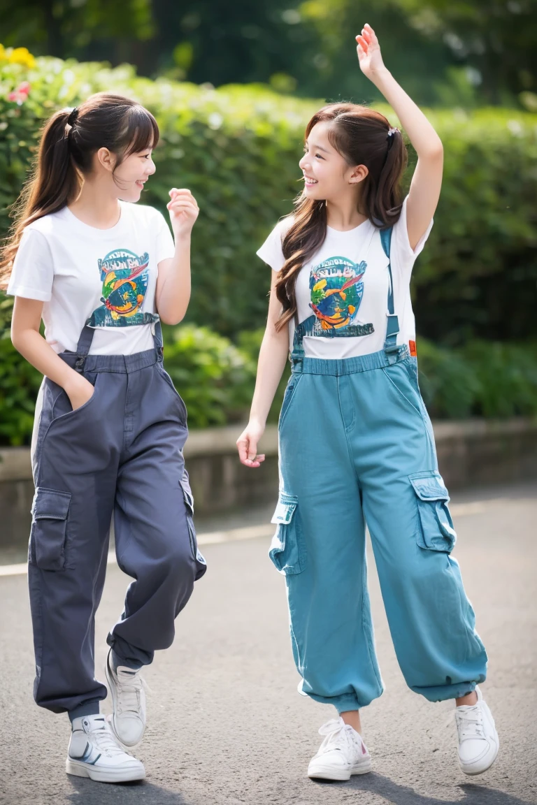 Two beautiful girls、(Beautiful girl wearing overalls、 student、Spinning、A delightful、)(tshirts、Beautiful girl wearing cargo pants、14yes、Spinning、A delightful)、