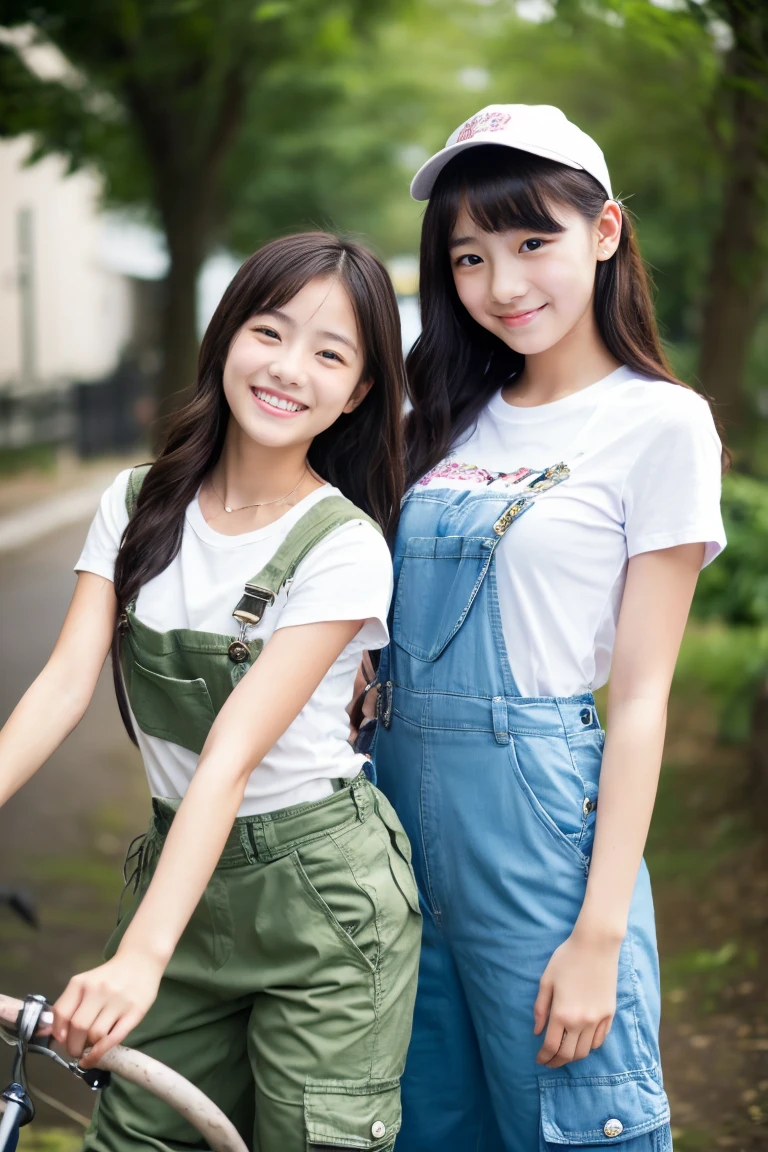 Two beautiful girls、(Beautiful girl wearing overalls、 student、Spinning、A delightful、)(tshirts、Beautiful girl wearing cargo pants、14yes、Spinning、A delightful)、