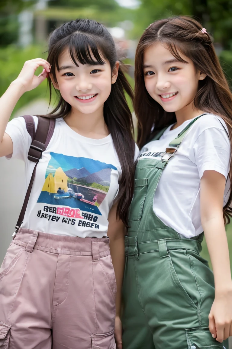 Two beautiful girls、(Beautiful girl wearing overalls、 student、Spinning、A delightful、)(tshirts、Beautiful girl wearing cargo pants、14yes、Spinning、A delightful)、