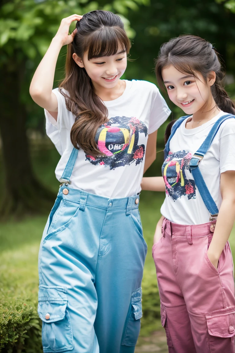 Two beautiful girls、(Beautiful girl wearing overalls、 student、Spinning、A delightful、)(tshirts、Beautiful girl wearing cargo pants、14yes、Spinning、A delightful)、