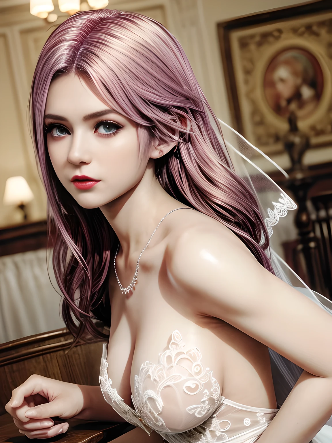 first person perspective,1 girl,Vampires, Elise,(in wedding dresses, bridal gown),((coffeehouse)),jewely,Tattooed with,Redlip,(Glossy glossy skin),鎖骨,Charming cleavage,(tmasterpiece:1.5), (Best quality at best:1.35),(Realistis:1.4), detailed,8K，computer graphics image processing,detailed头发,,Expressive eyes, s the perfect face, real fingers,depth of fields,Similar colors,a warm color palette,softlighting,low-contrast,(Bright color contrast composition),Desaturate Hue,