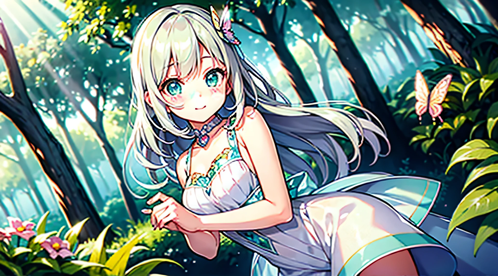 High quality, Kawaii, vibrant and expressive eyes, flawless and , soft pastel color palette, intricate detailing in the hair, adorable heart-shaped accessories, delicate and dainty features, innocent and playful expression, elegant and graceful pose, intricate and stylish outfit, impeccable line work, high level of shading and highlights Magical forest filled with lush greenery, sun rays filtering through the leaves, vibrant flowers blooming in the background, whimsical creatures like fairies and butterflies, sparkling dust creating an enchanting atmosphere, a sense of mystery and wonder, a world where dreams come to life A mix of emotions - joy, curiosity, and a hint of mischief, a feeling of warmth and tenderness, a touch of nostalgia and whimsy, a sense of innocence and purity, radiating happiness and positivity, capturing the essence of childhood and imagination.