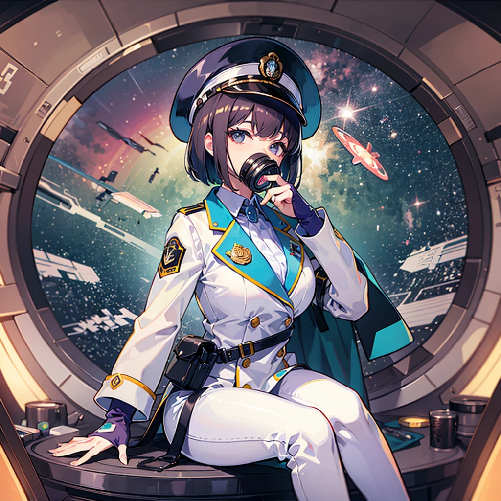 ((Masterpiece)), ((Best Quality)), ((Best Quality)), (Illustration of One Girl), Full Body, 25 Years Old, (Admiral), Black Hair Bob Cut, (((Gas Mask Covering Face)), Gray Eyes, (Tall)), ((Military Uniform)), ((Military Uniform)), (Military Hat)), ((Army Coat)), (White Clothes), (White Pants), (White Hat), Trench Coat, (((Inside the Spaceship, Sitting on the Captain's Seat)) , (outside the window, space, earth seen from space, spaceport)