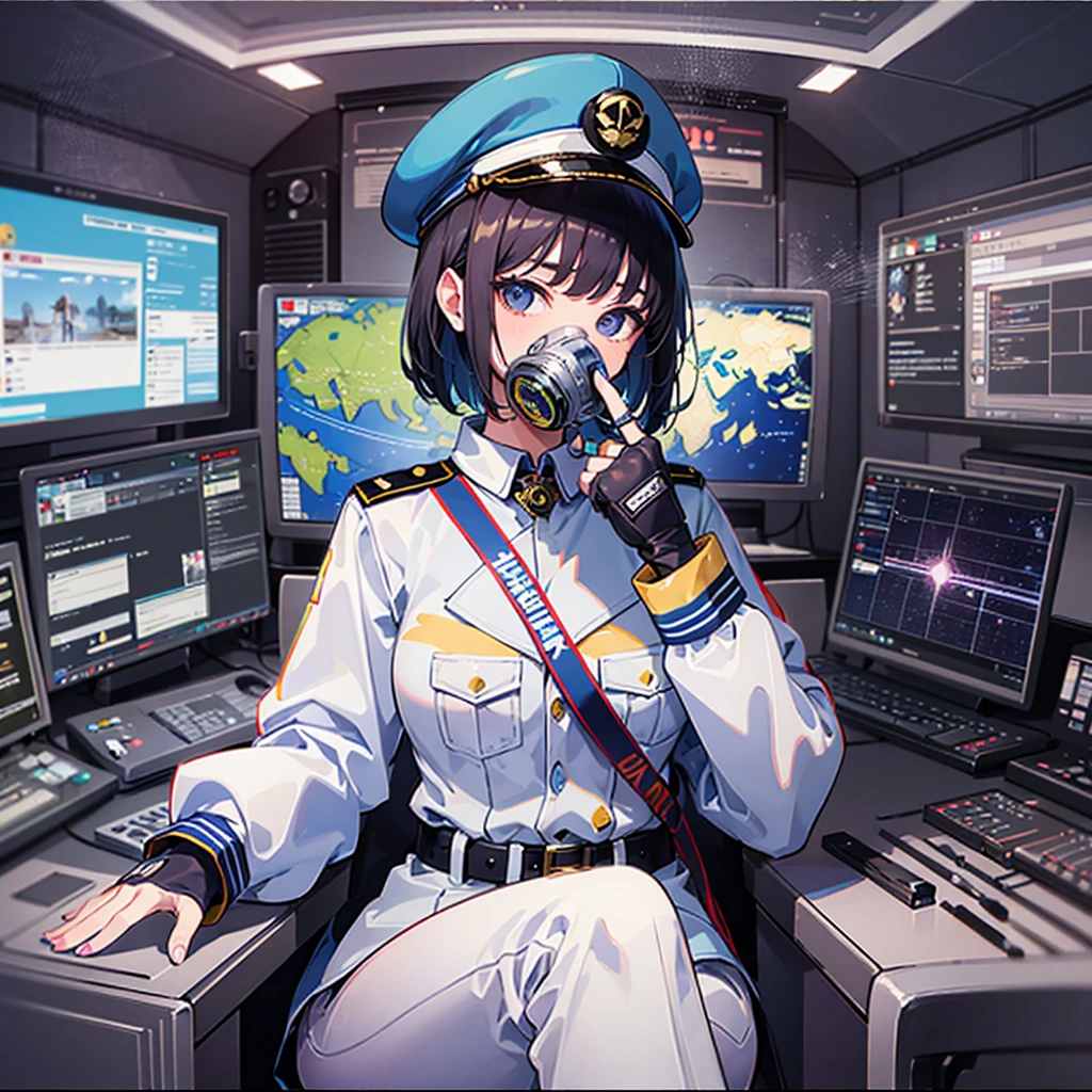 (((masterpiece、Top image quality、top-quality、highly detailed unity 8kwall-paper)))、(Illustration of one woman)、30-years old、(Viceroy)、((Black hair bob cut))、(((Gas mask covering the mouth)))、(((Gas mask covering the mouth)))、Gray eyes、((Tall))、((huge tit))、((Military uniforms))、((Military Cap))、((Military coat))、(white clothes)、(White pants)、(White cap)、trench coat、(((Sitting in the captain's seat)))、(((Inside a futuristic spaceship、Surrounded by instruments and monitors、The Universe on the Monitor、Earth seen from space)))