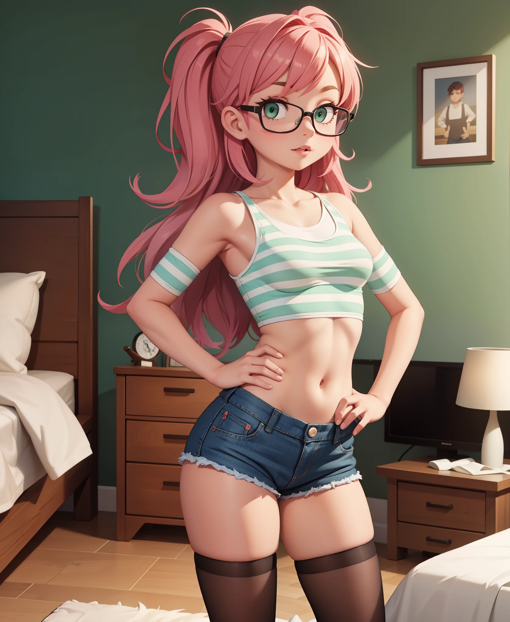 1girl, small breasts, small hips, green eyes, pink hair, crop top, denim shorts, bedroom, striped thighhighs,,pervert, petite, glasses,