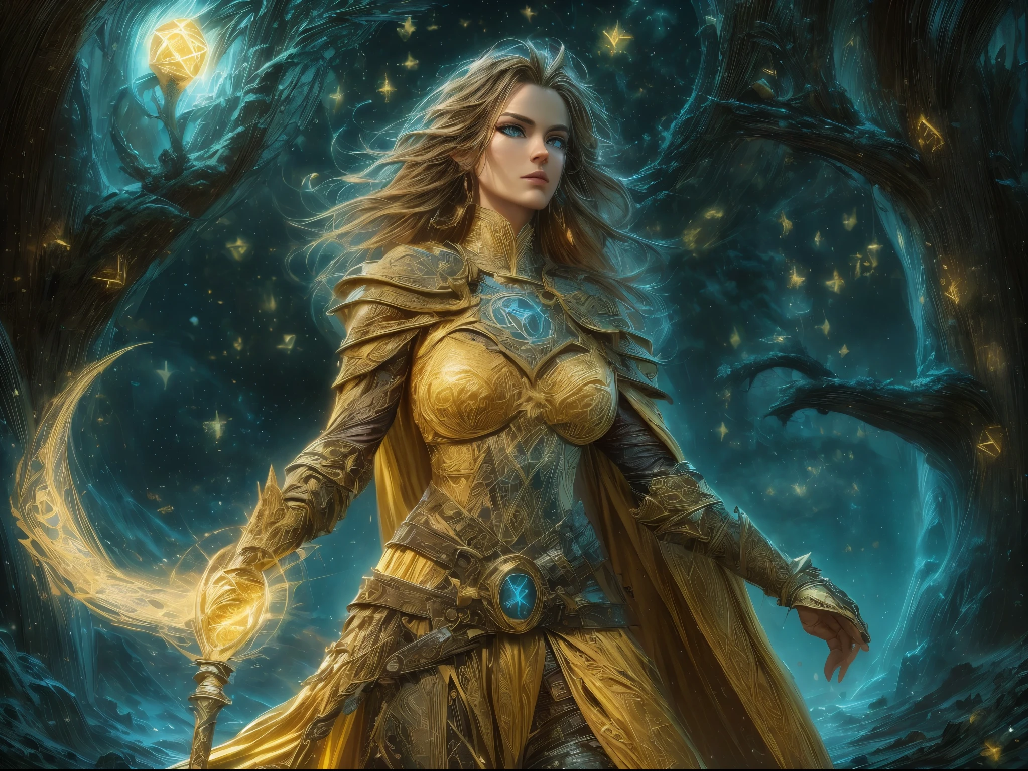 high details, best quality, 16k, [ultra detailed], masterpiece, best quality, (extremely detailed), dynamic angle, ultra wide shot, photorealistic, ((fantasy art)) ((larry elmore style)), dnd art, rpg art, realistic art, female human druid of the stars, guardian of nature, controlling magical energy made of stars, swirling blue stary magical light, divine symbols GlowingRunes_yellow (1.5 intricate details, Masterpiece, best quality), human female,  extremally beautiful, ultra feminine, dynamic hair, dynamic hair color, wearing leather armor CM-Beautiful_armor, holding a staff, moon light, stars, dynamic natural background,  RPG art, magical atmosphere magic-fantasy-forest, ultra best realistic, best details, best quality, 16k, [ultra detailed], masterpiece, best quality, (extremely detailed), ultra wide shot, photorealism, depth of field, hyper realistic painting, 3D rendering
