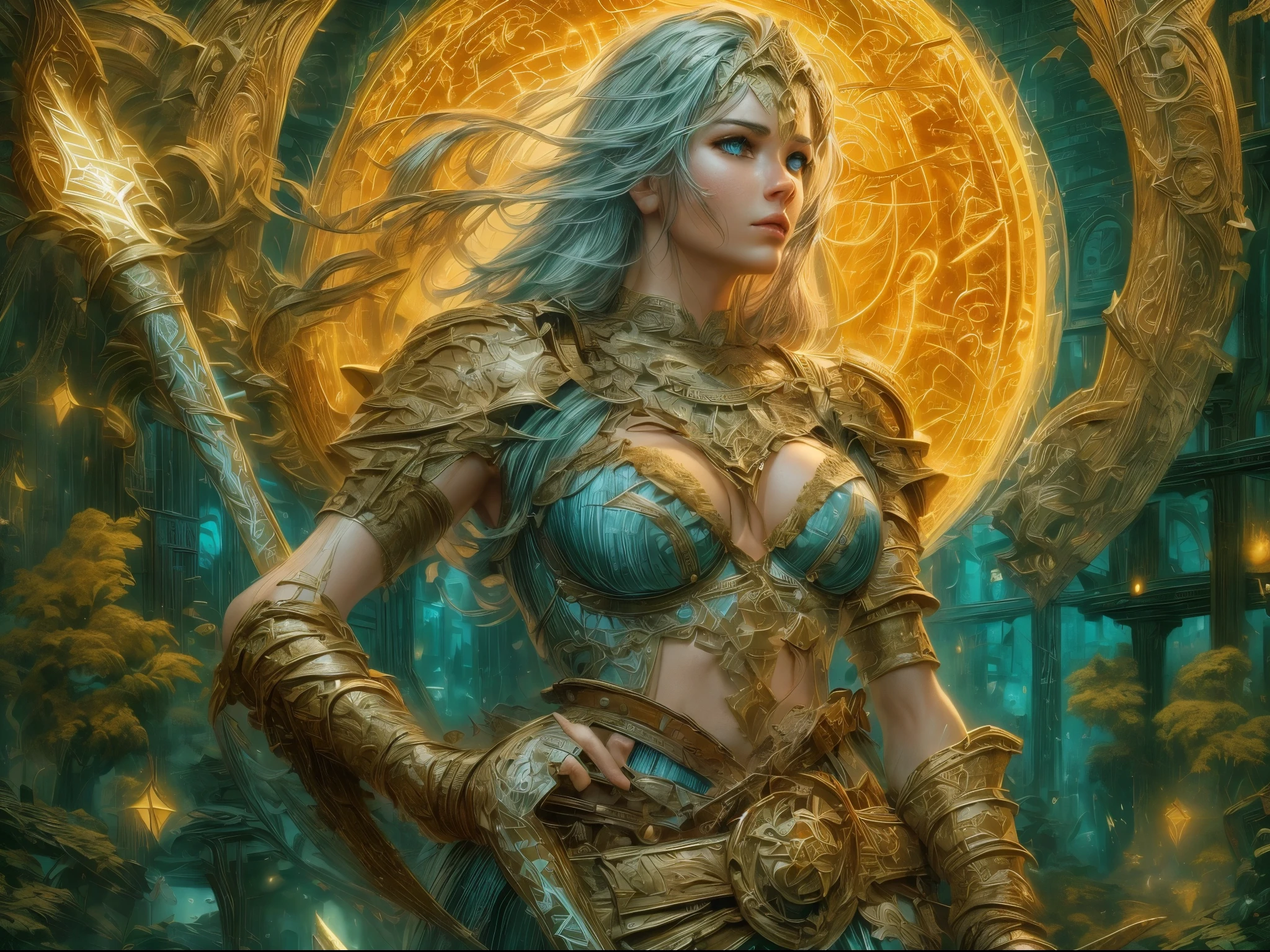 high details, best quality, 16k, [ultra detailed], masterpiece, best quality, (extremely detailed), dynamic angle, ultra wide shot, photorealistic, ((fantasy art)) ((larry elmore style)), dnd art, rpg art, realistic art, female human druid of the stars, guardian of nature, controlling magical energy made of stars, swirling blue stary magical light, divine symbols GlowingRunes_yellow (1.5 intricate details, Masterpiece, best quality), human female,  extremally beautiful, ultra feminine, dynamic hair, dynamic hair color, wearing leather armor CM-Beautiful_armor, holding a staff, moon light, stars, dynamic natural background,  RPG art, magical atmosphere magic-fantasy-forest, ultra best realistic, best details, best quality, 16k, [ultra detailed], masterpiece, best quality, (extremely detailed), ultra wide shot, photorealism, depth of field, hyper realistic painting, 3D rendering