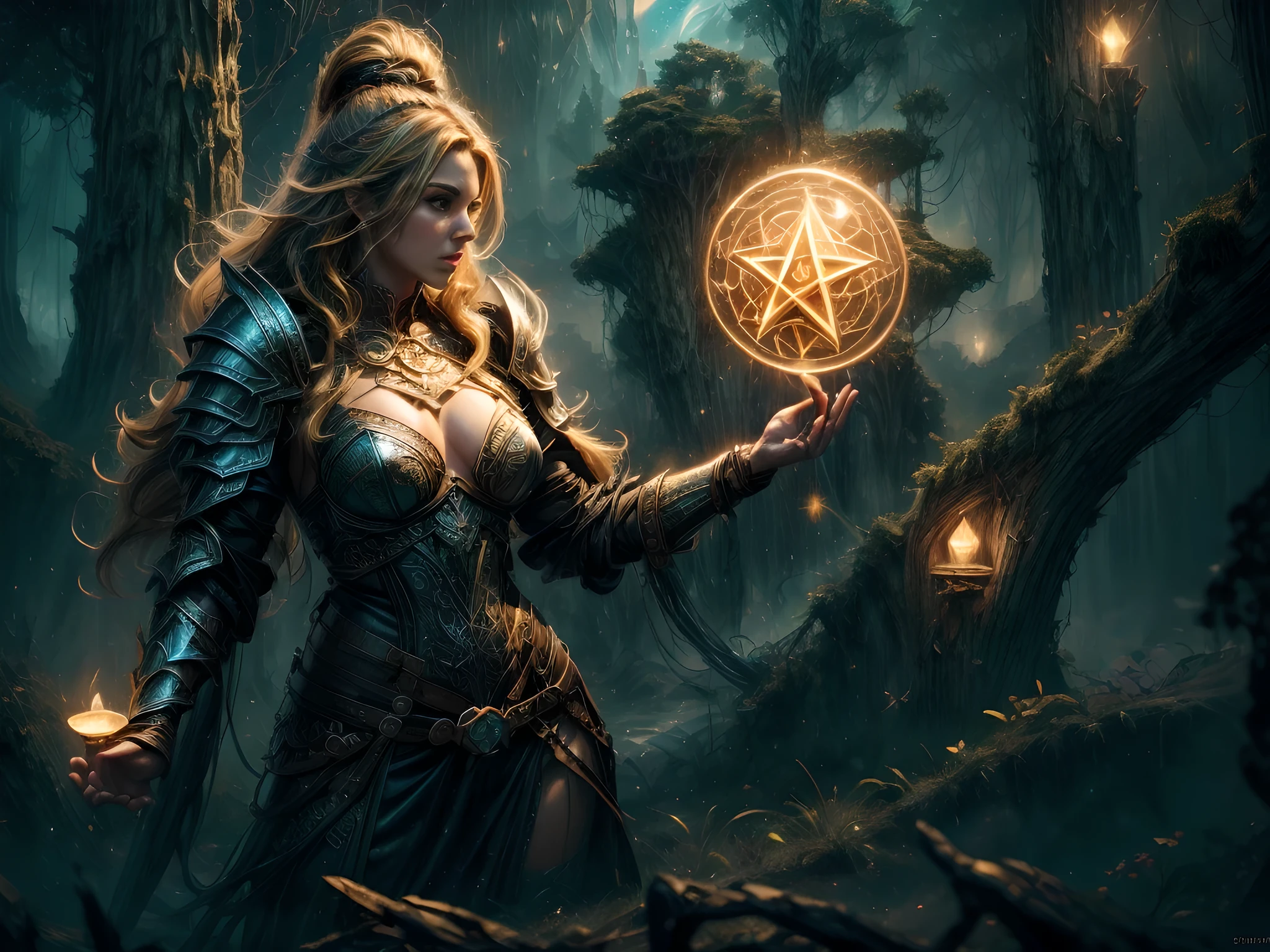 high details, best quality, 16k, [ultra detailed], masterpiece, best quality, (extremely detailed), dynamic angle, ultra wide shot, photorealistic, ((fantasy art)) ((larry elmore style)), dnd art, rpg art, realistic art, female human druid of the stars, guardian of nature, controlling magical energy made of stars, swirling blue stary magical light, divine symbols GlowingRunes_yellow (1.5 intricate details, Masterpiece, best quality), human female,  extremally beautiful, ultra feminine, dynamic hair, dynamic hair color, wearing leather armor CM-Beautiful_armor, holding a staff, moon light, stars, dynamic natural background,  RPG art, magical atmosphere magic-fantasy-forest, ultra best realistic, best details, best quality, 16k, [ultra detailed], masterpiece, best quality, (extremely detailed), ultra wide shot, photorealism, depth of field, hyper realistic painting, 3D rendering