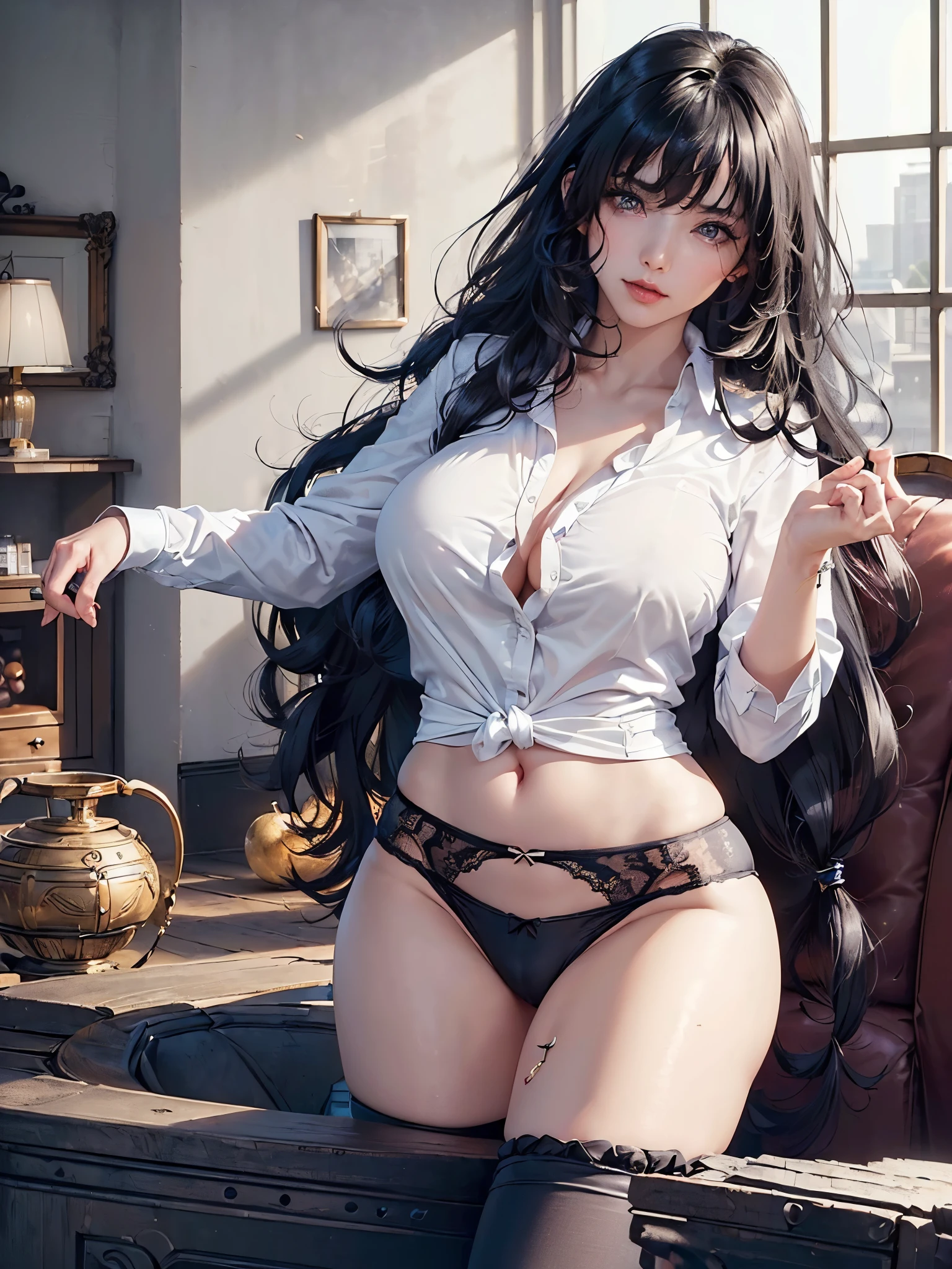 (( (tmasterpiece),(Very detailed CG Unity 8K wallpaper),(bustshot:1.5), best qualtiy,cinmatic lighting,Photorealsitic, 细致背景,Beautiful and detailed eyes,(Very fine and beautiful),(Beautiful and detailed eyes description),ultra - detailed,tmasterpiece,hight resolution)), (Perfect Anatomy:1.2), Curvaceous, (Constricted waist, large full breasts, Big and firm buttocks), (The gesture of pulling up the hair:1.3), ((Long wavy black hair:1.5)), Sexy eyes, (Black underwear:1.5), (Men's size white Y-shirt:1.5), (livingroom:1.5), (1 milf:1.3)