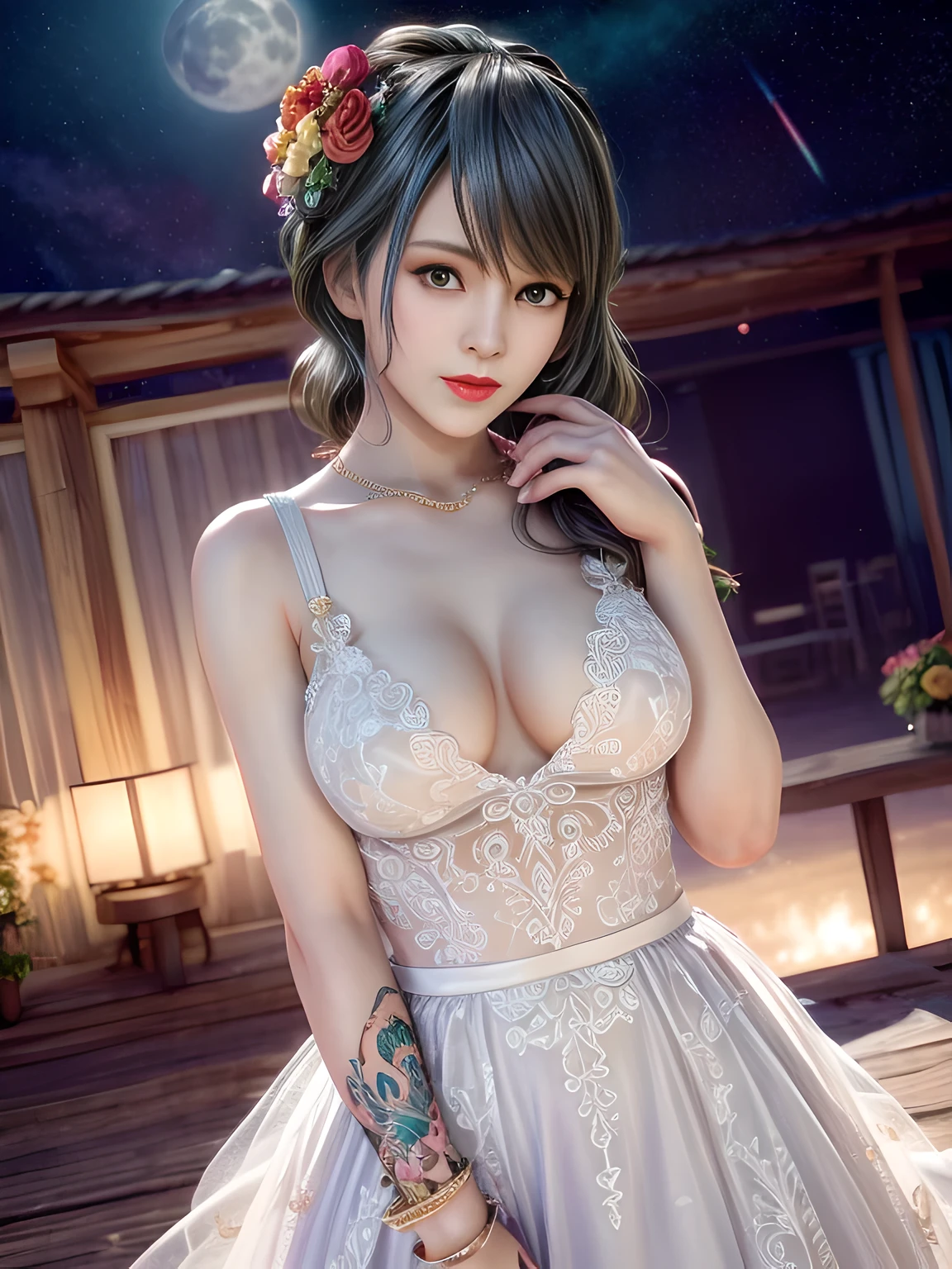 first person perspective,1 girl,Tamaki,(Dressed in vibrant rainbow color scheme art;wedding gown, bridal gown),((Flower shop)),jewely,Tattooed with,during night, full_themoon, As estrelas,Redlip,Charming cleavage,(tmasterpiece:1.5),( Best quality at best:1.4),(Realistis:1.4), detailed,8K,number art,detailed头发,Expressive eyes, s the perfect face, real fingers,depth of fields,Similar colors,a warm color palette,softlighting,low-contrast,hard shadows,Desaturate Hue, 流行超Realistis,