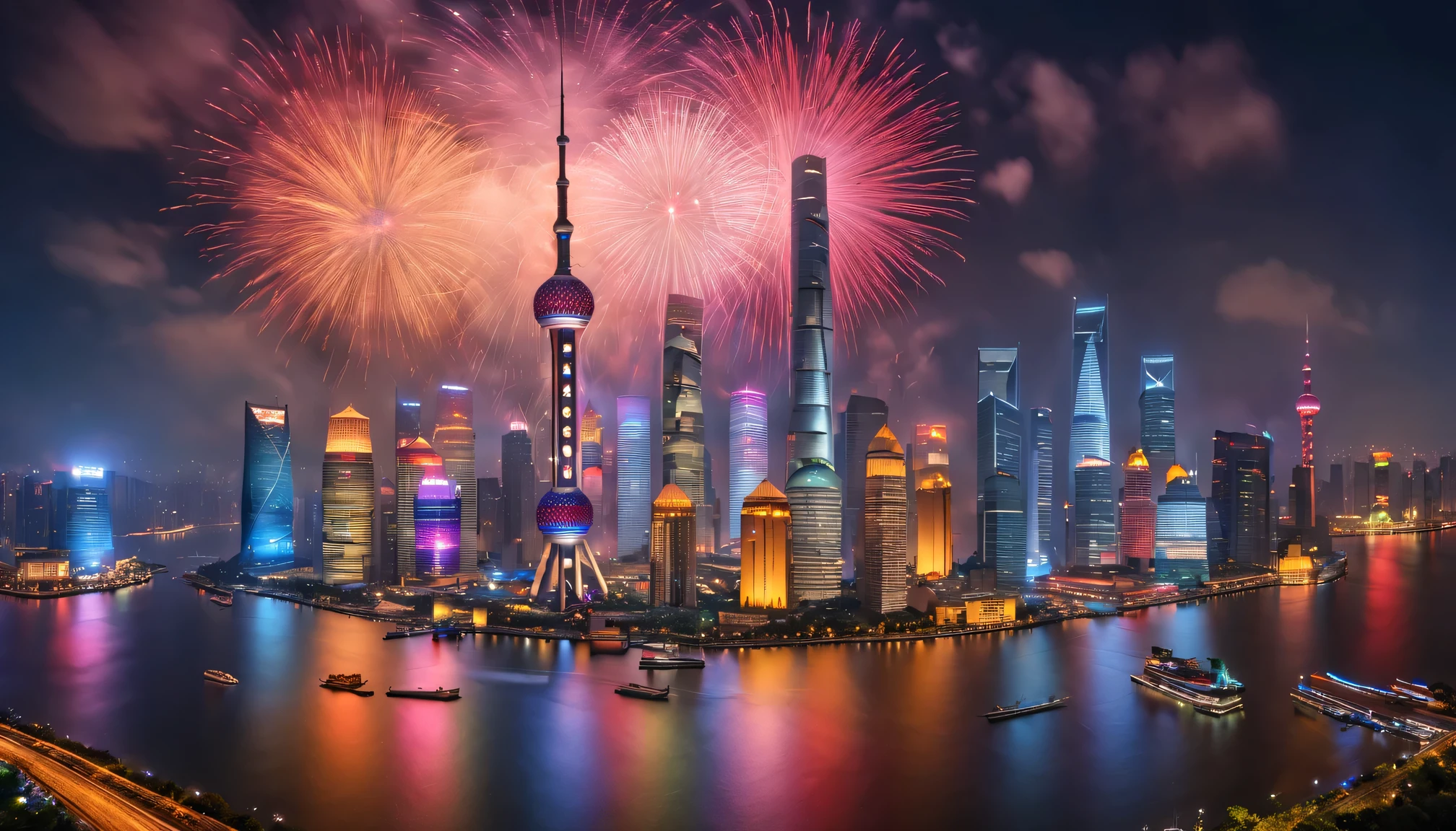 (Best quality at best, 4K, 8K, A high resolution, tmasterpiece:1.2), ultra - detailed, (actual, photoactual, photo-actual:1.37), vivd colour, stunning night view, Amazing fireworks, Shanghai skyline, bustling crowd, festive atmosphere, Gorgeous display, city lights sparkling, dynamic explosion, The reflection of the Huangpu River is sparkling, A mesmerizing spectacle, Professional capture, Vivid cityscape, illuminate the night sky, Artistic depiction, gorgeous color, awesome celebration, Energetic energy, Amazing fireworks display, Spectacular , a joyful atmosphere, Anticipation is in the air, Dramatic composition, Joyful crowd, Magical moments, Energy bursts in the sky, Fantastic atmosphere, Dazzling light, joyful face, electric aura, festive decorations, Captivating show, excitement in the crowd, cheerful cheers, grand occasion, Historical landmarks in the background, Unforgettable experience, Spectacular pyrotechnics, The iconic Oriental Pearl Tower, A postcard-like scene, aroused enthusiastic cheers from the audience, A harmonious blend of colors, Splendid night sky, Live music accompaniment, stunning ending.