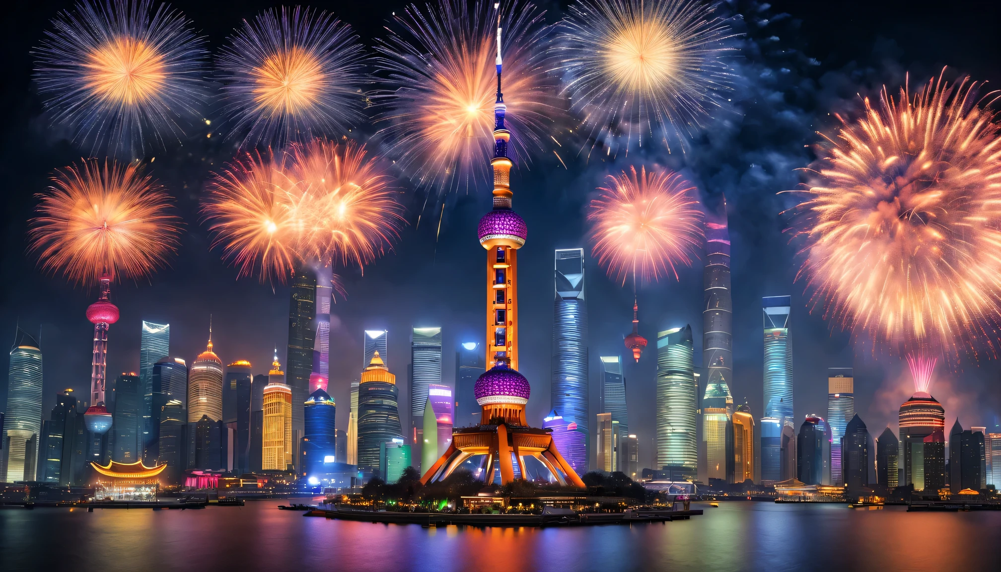 (Best quality at best, 4K, 8K, A high resolution, tmasterpiece:1.2), ultra - detailed, (actual, photoactual, photo-actual:1.37), vivd colour, stunning night view, Amazing fireworks, Shanghai skyline, bustling crowd, festive atmosphere, Gorgeous display, city lights sparkling, dynamic explosion, The reflection of the Huangpu River is sparkling, A mesmerizing spectacle, Professional capture, Vivid cityscape, illuminate the night sky, Artistic depiction, gorgeous color, awesome celebration, Energetic energy, Amazing fireworks display, Spectacular , a joyful atmosphere, Anticipation is in the air, Dramatic composition, Joyful crowd, Magical moments, Energy bursts in the sky, Fantastic atmosphere, Dazzling light, joyful face, electric aura, festive decorations, Captivating show, excitement in the crowd, cheerful cheers, grand occasion, Historical landmarks in the background, Unforgettable experience, Spectacular pyrotechnics, The iconic Oriental Pearl Tower, A postcard-like scene, aroused enthusiastic cheers from the audience, A harmonious blend of colors, Splendid night sky, Live music accompaniment, stunning ending.