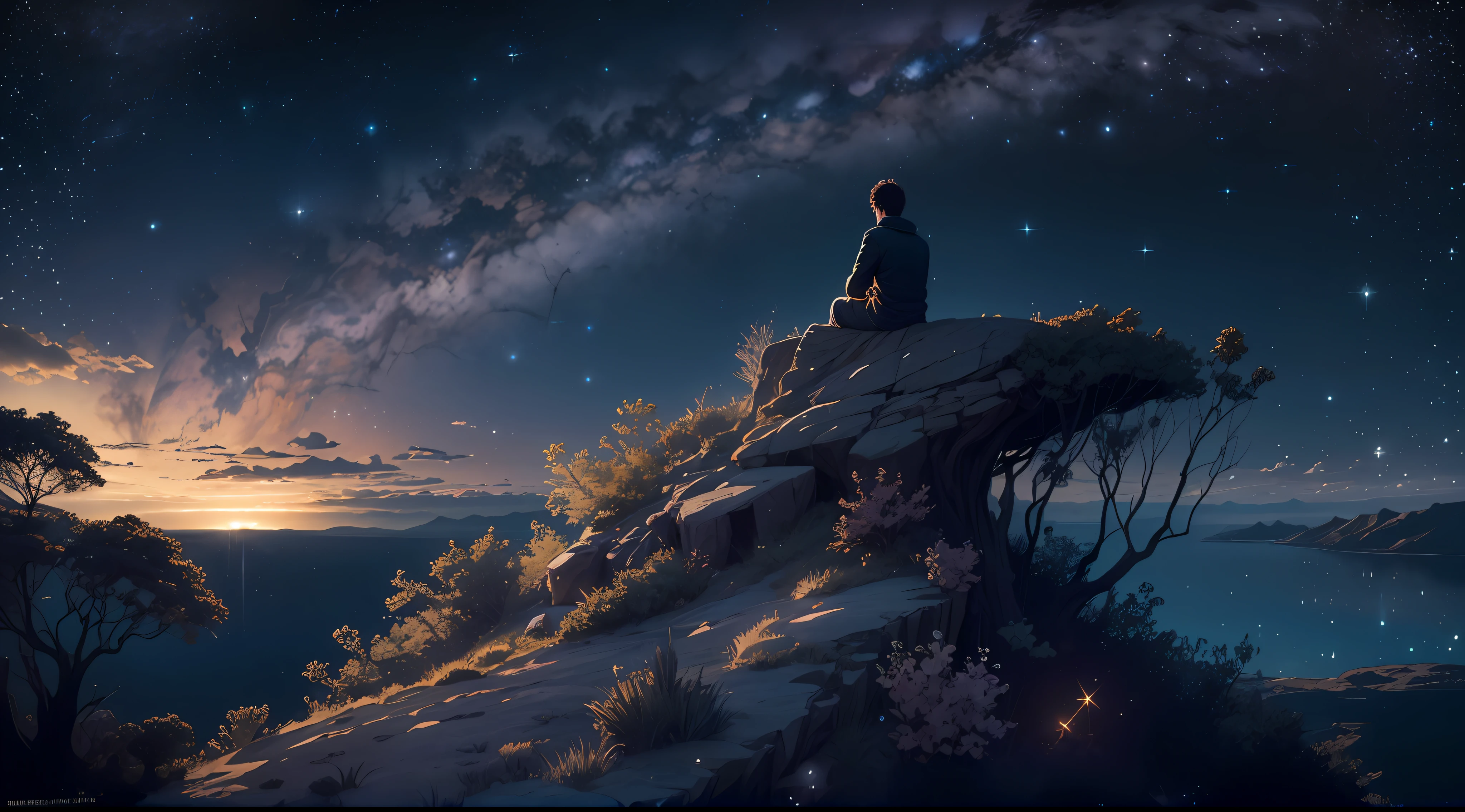 Night view under the starry sky: imagine uma paisagem noturna, A solitary man finds himself in the midst of a vast expanse of unspoiled nature. The sky is full of bright stars, How the Milky Way stretches majestically above. Character sitting on a cliff, distant horizon orlando, Reflecting on his loneliness. --auto