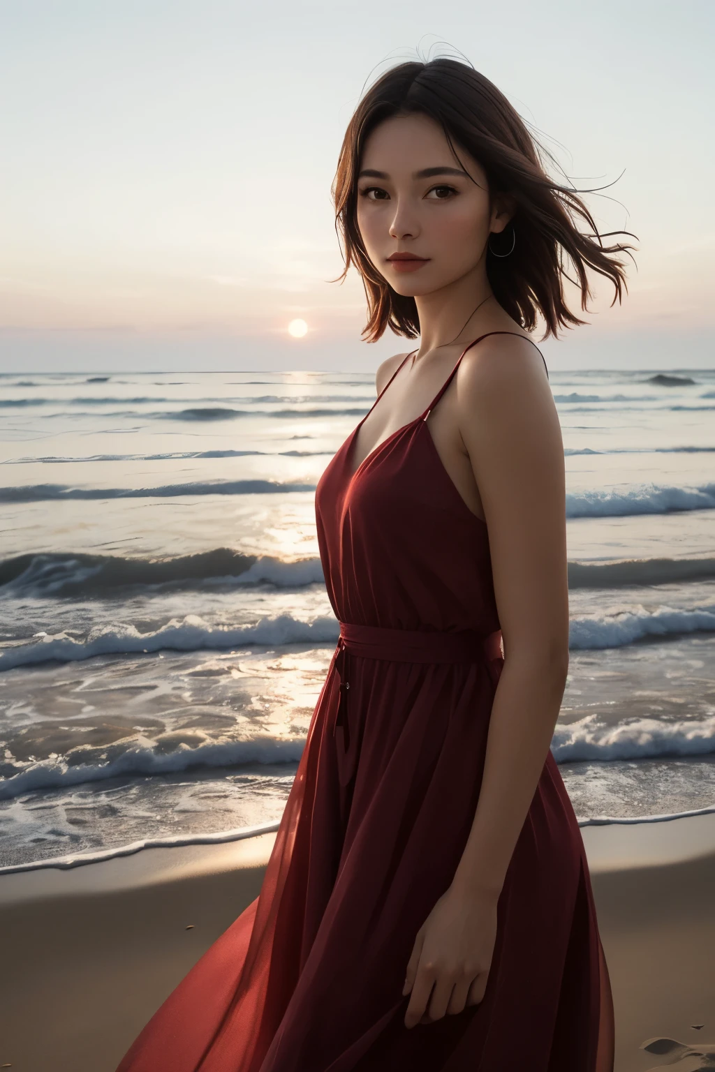Ultra realistic cinematic portrait of a lady in red dress on a beach at dawn and moonlight still visible yet a silver lining of sunlight appears.
